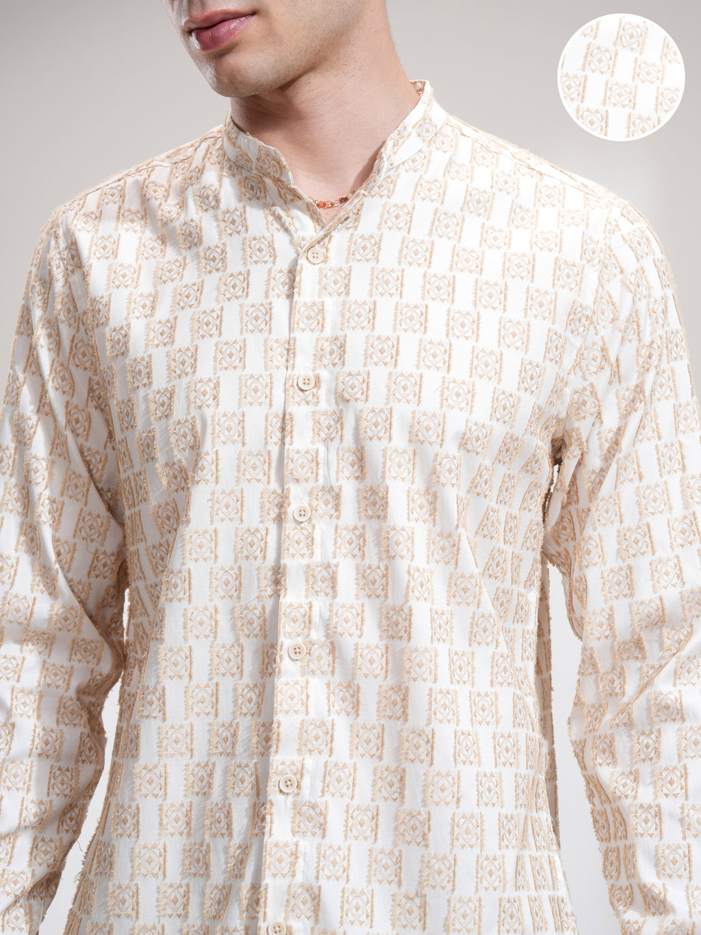 Highlander Men Cream Printed Slim Fit Casual Shirt - Cream - Image 5