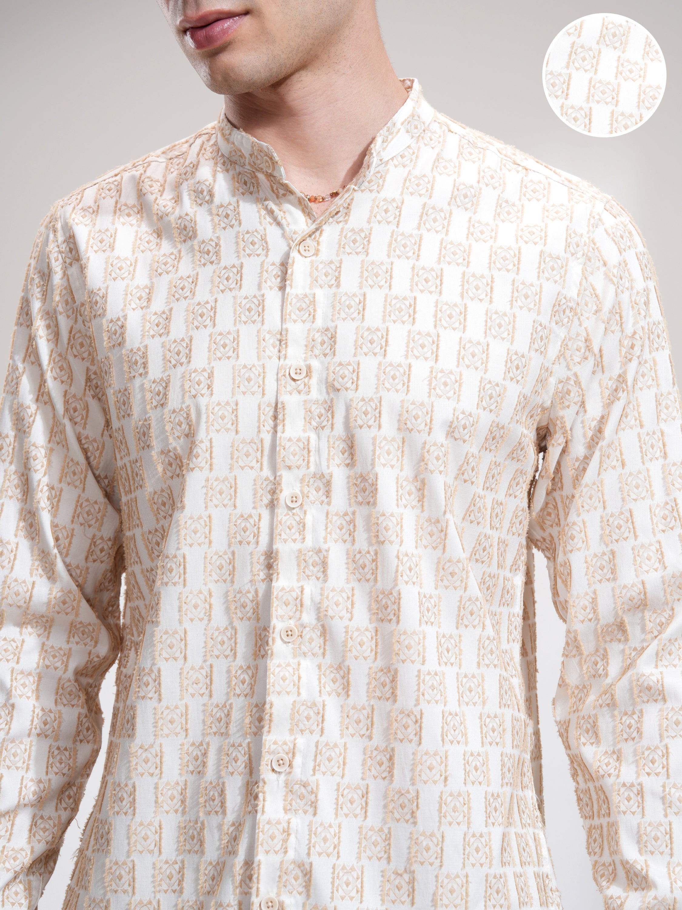 Highlander Men Cream Printed Slim Fit Casual Shirt - Cream - Image 5