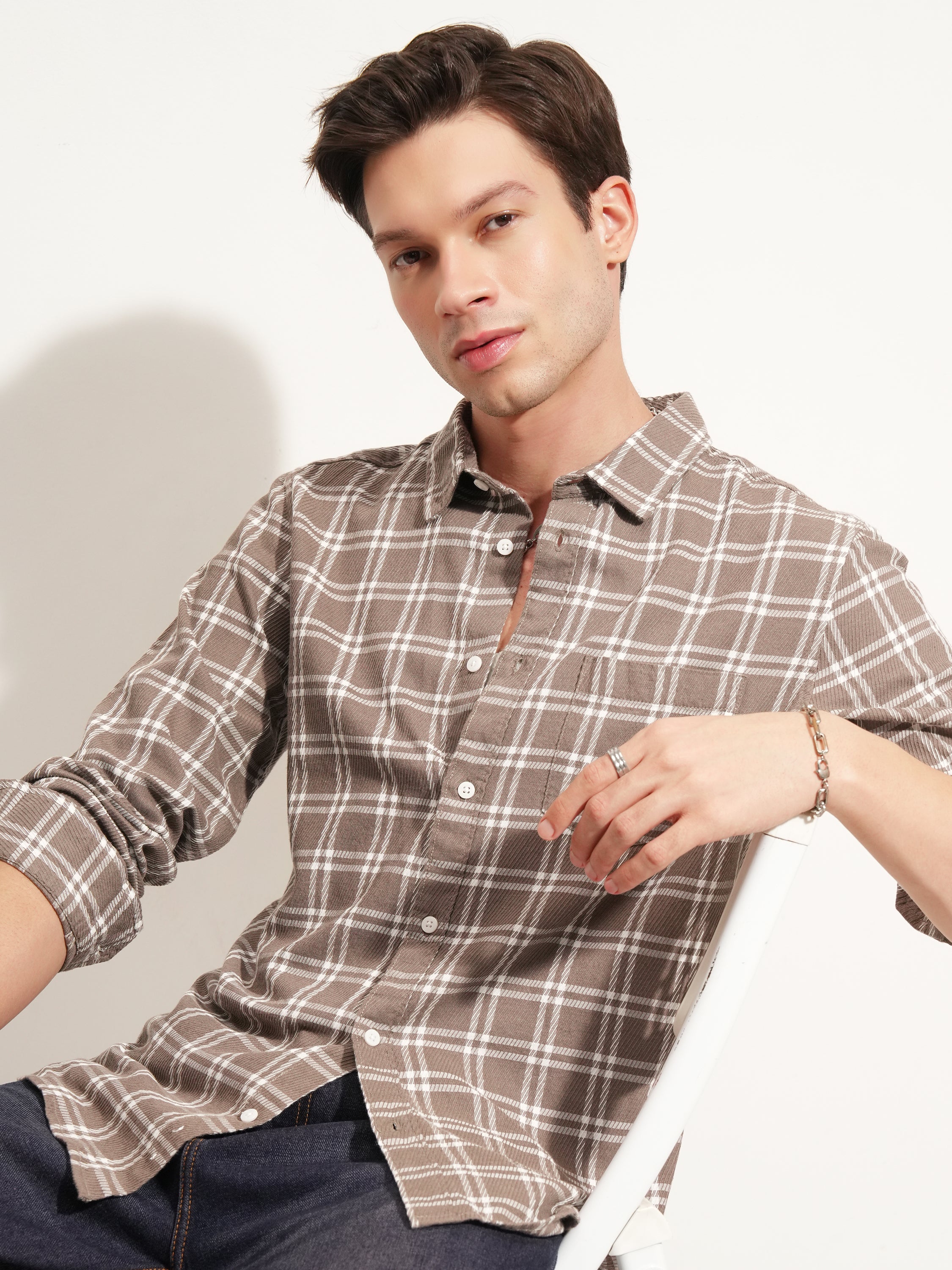 Highlander Men Brown Checked Slim Fit Casual Shirt - Brown - Image 1