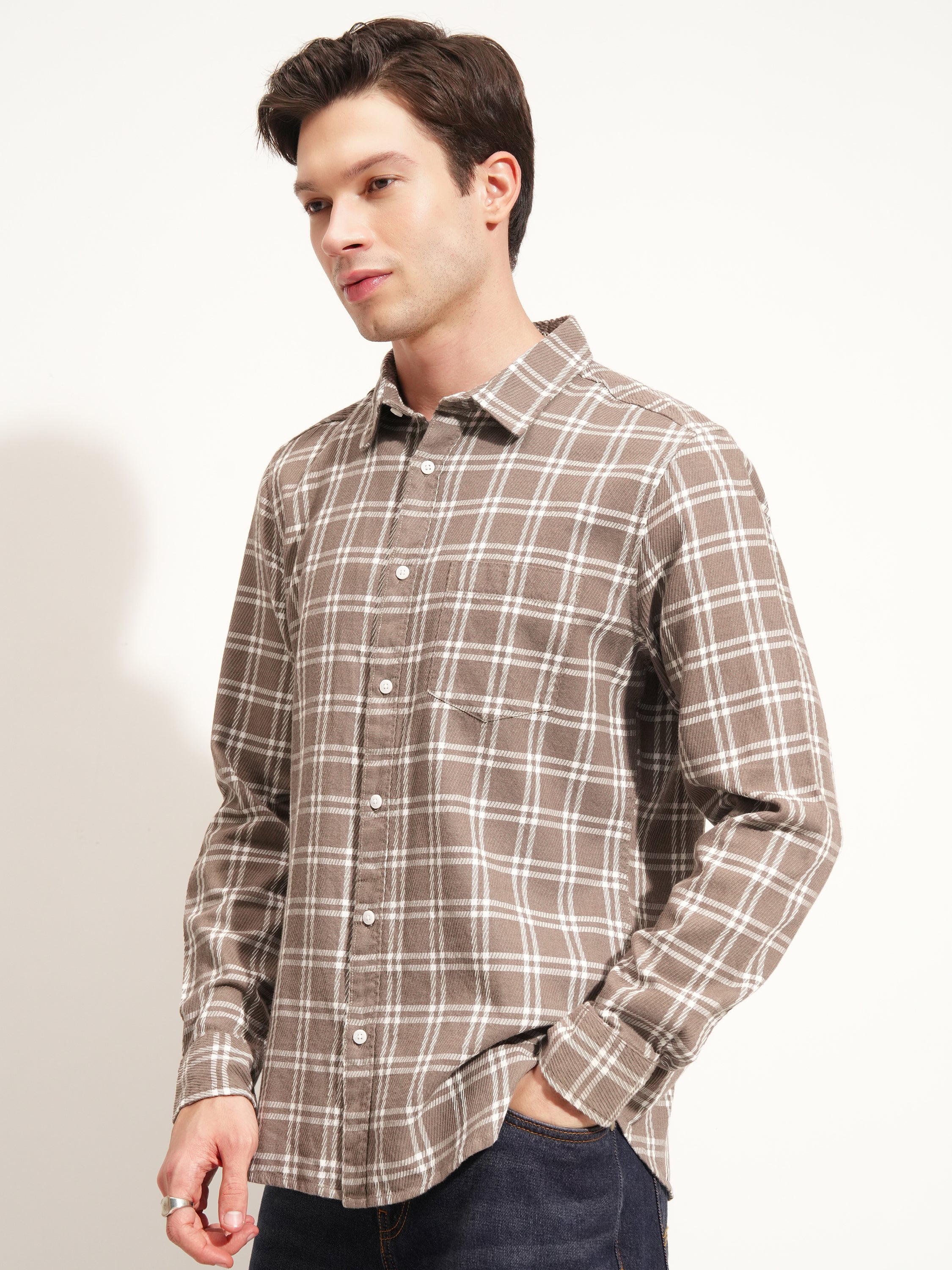 Highlander Men Brown Checked Slim Fit Casual Shirt - Brown - Image 4