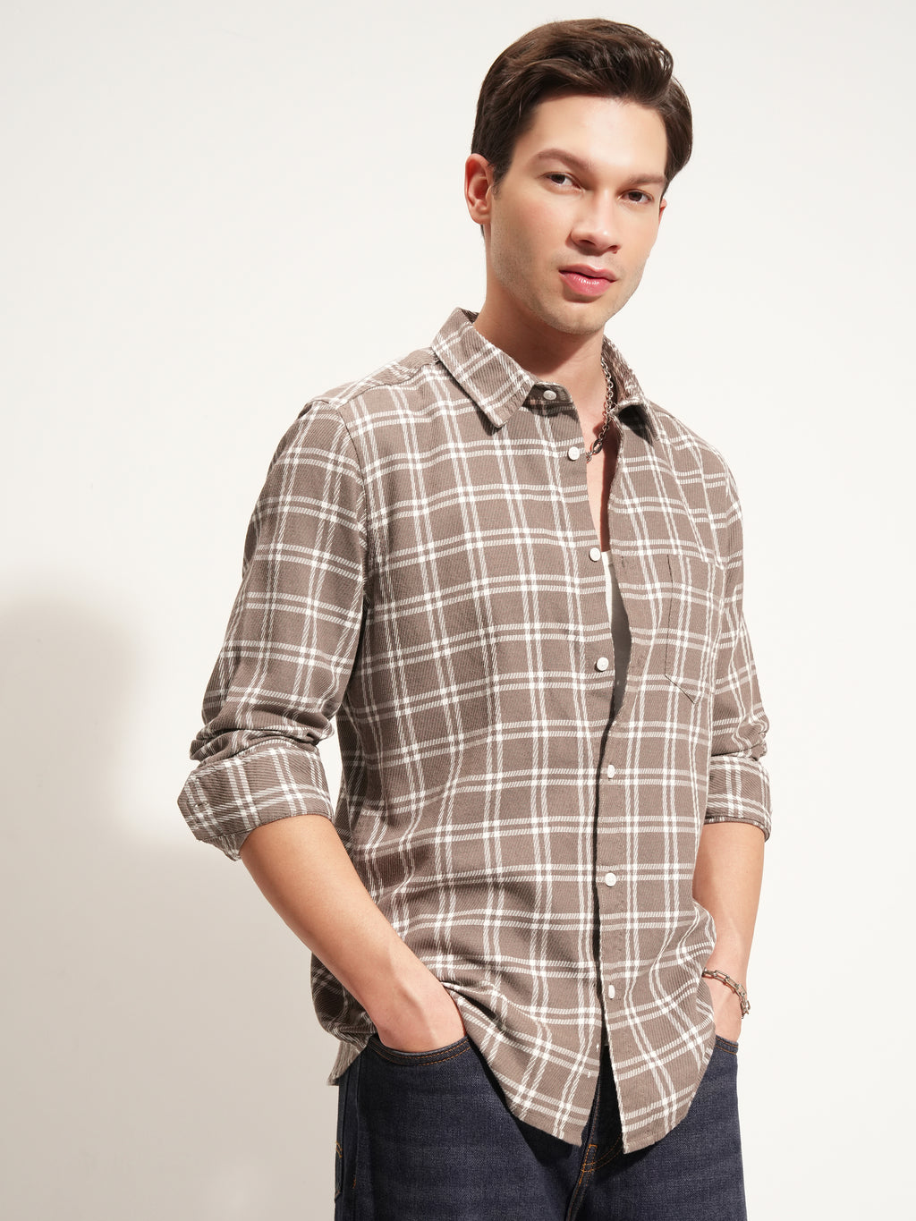 Highlander Men Brown Checked Slim Fit Casual Shirt - Brown - Image 6