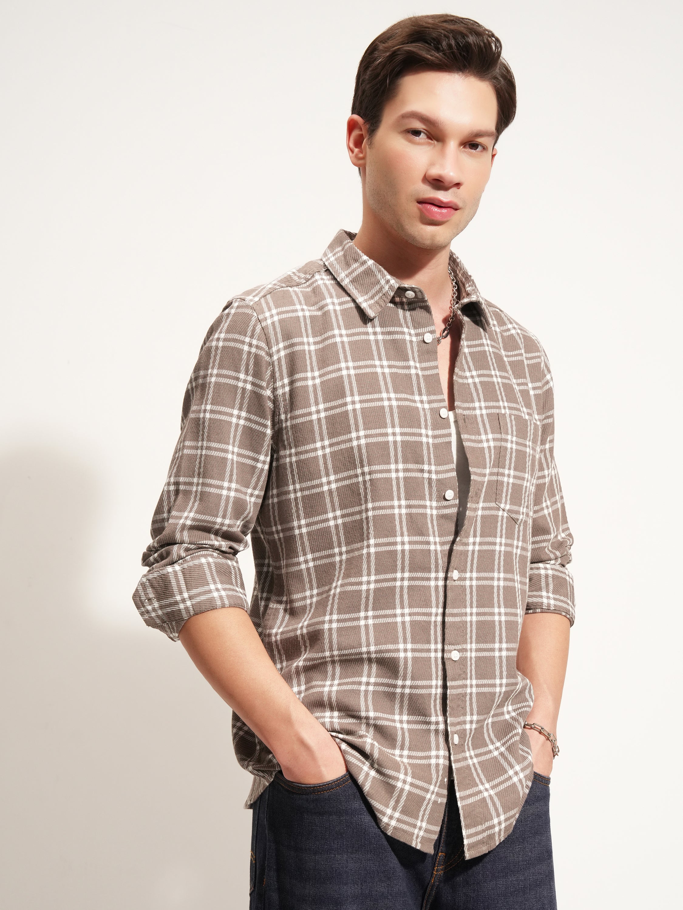 Highlander Men Brown Checked Slim Fit Casual Shirt - Brown - Image 6