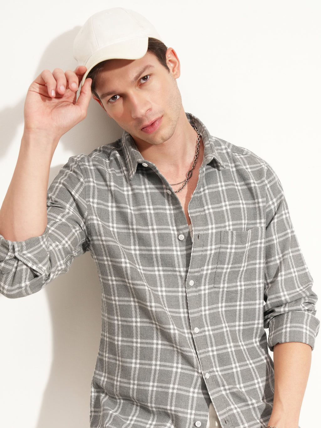 Highlander Men Grey Checked Slim Fit Casual Shirt - Grey - Image 1