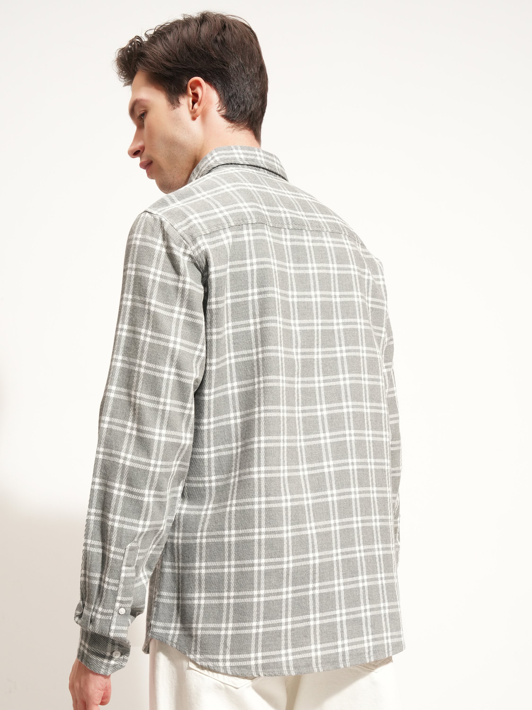 Highlander Men Grey Checked Slim Fit Casual Shirt - Grey - Image 3