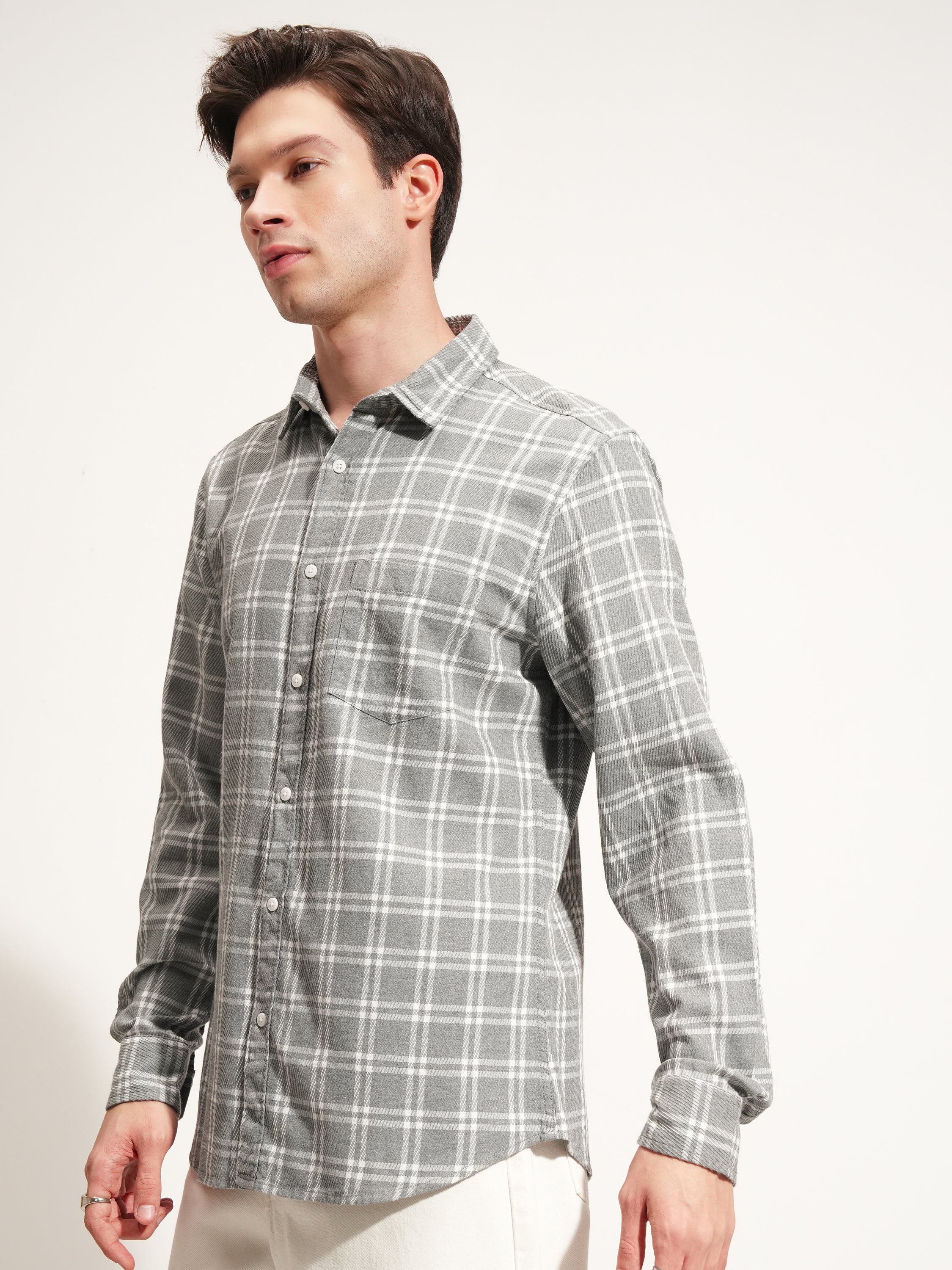 Highlander Men Grey Checked Slim Fit Casual Shirt - Grey - Image 4