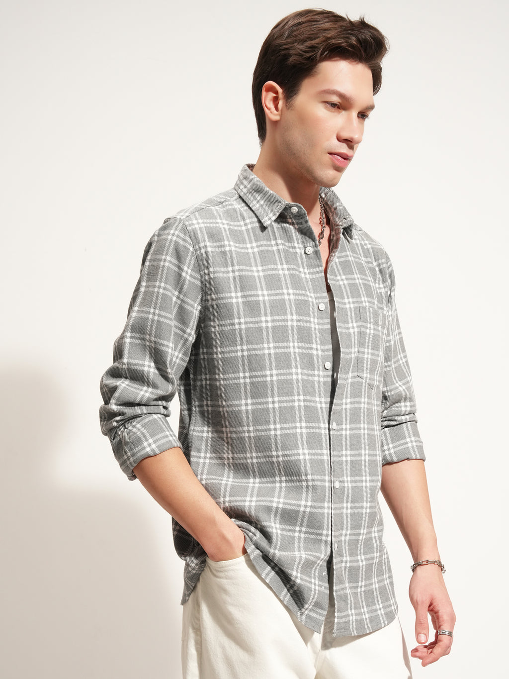 Highlander Men Grey Checked Slim Fit Casual Shirt - Grey - Image 6