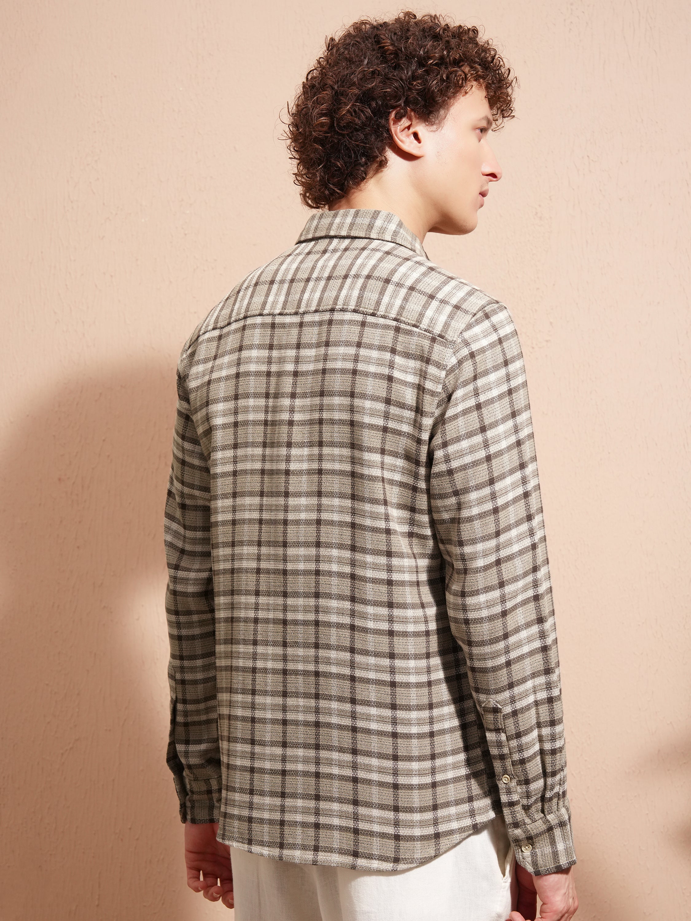 Highlander Men Khaki Checked Slim Fit Casual Shirt - Khaki - Image 3