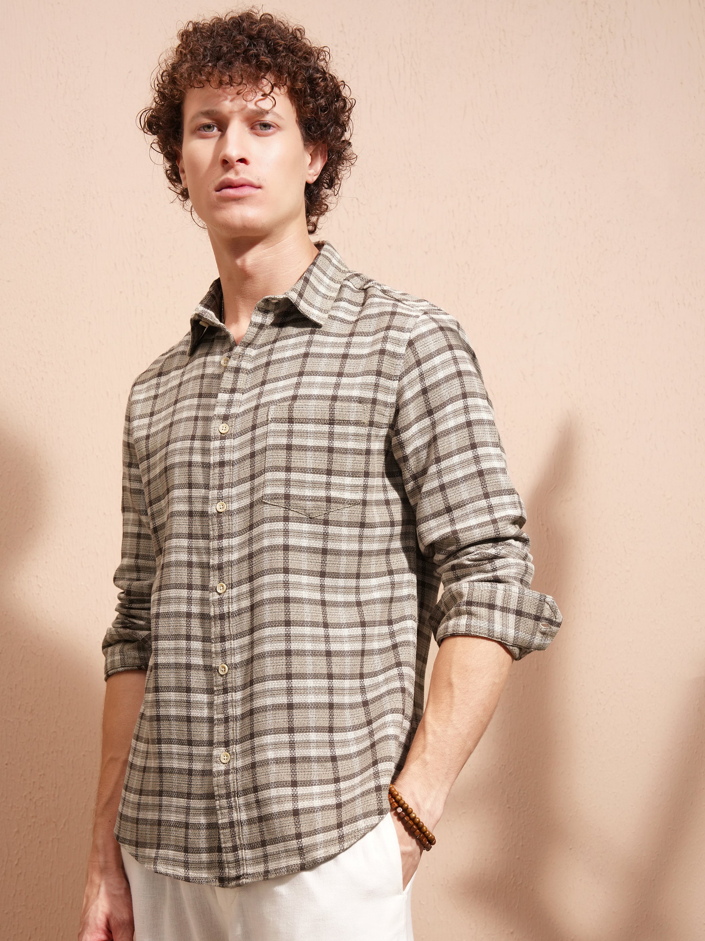 Highlander Men Khaki Checked Slim Fit Casual Shirt - Khaki - Image 4