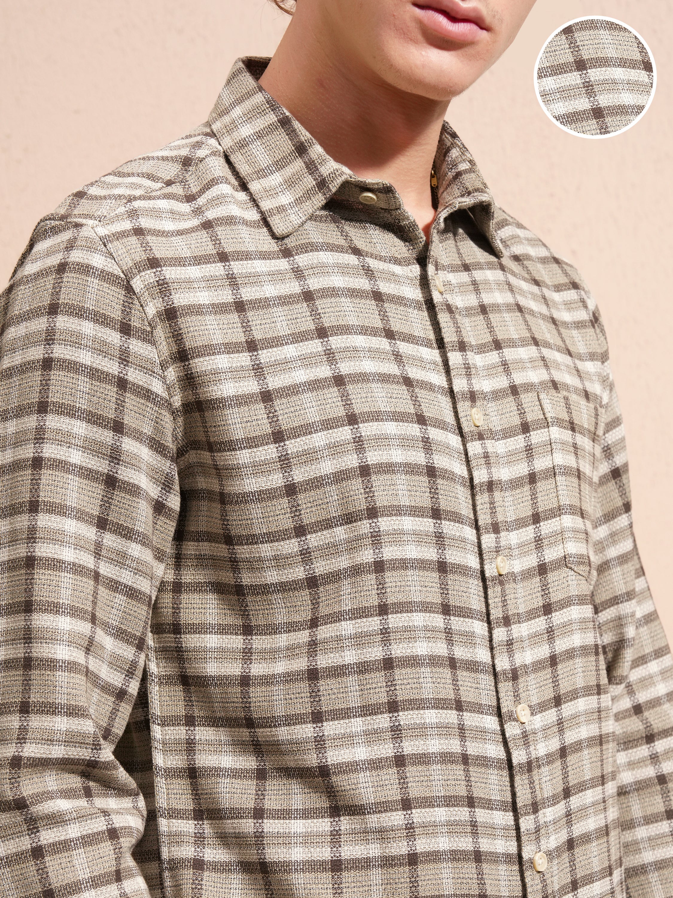 Highlander Men Khaki Checked Slim Fit Casual Shirt - Khaki - Image 5