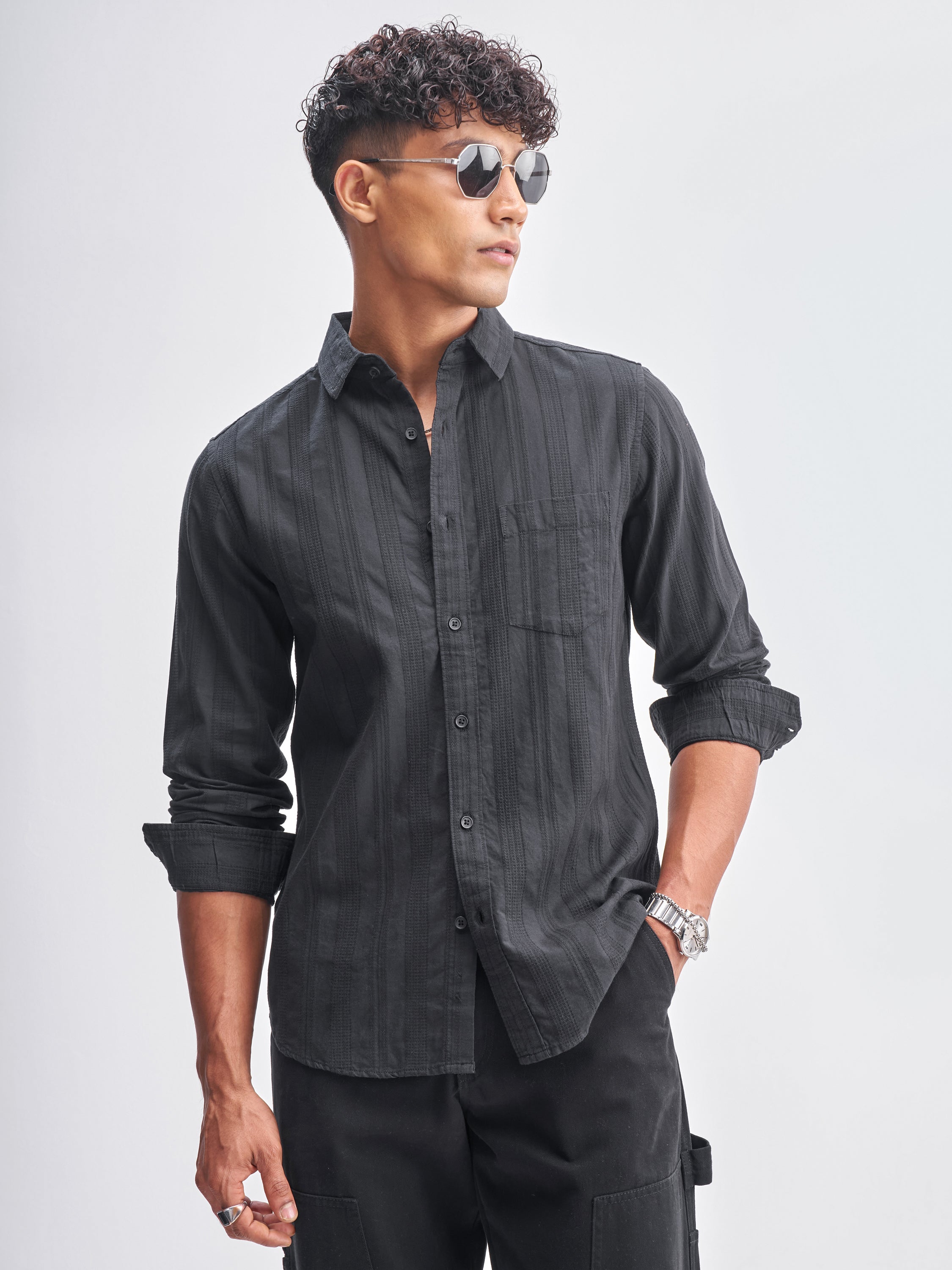 Highlander Men Black Striped Slim Fit Casual Shirt - Black - Image 1
