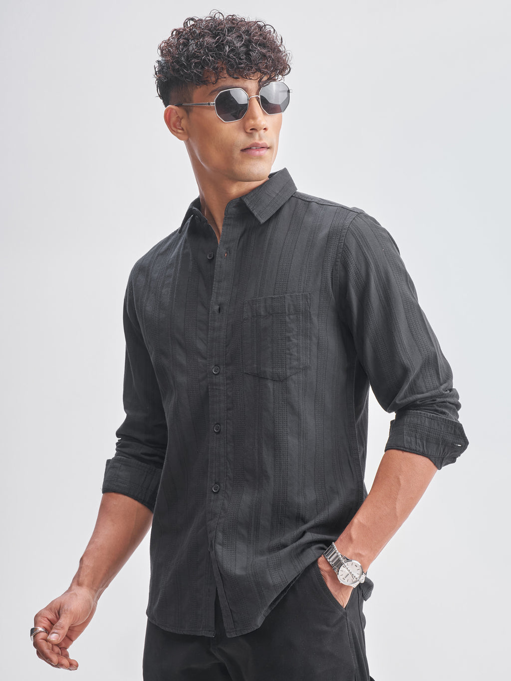 Highlander Men Black Striped Slim Fit Casual Shirt - Black - Image 4