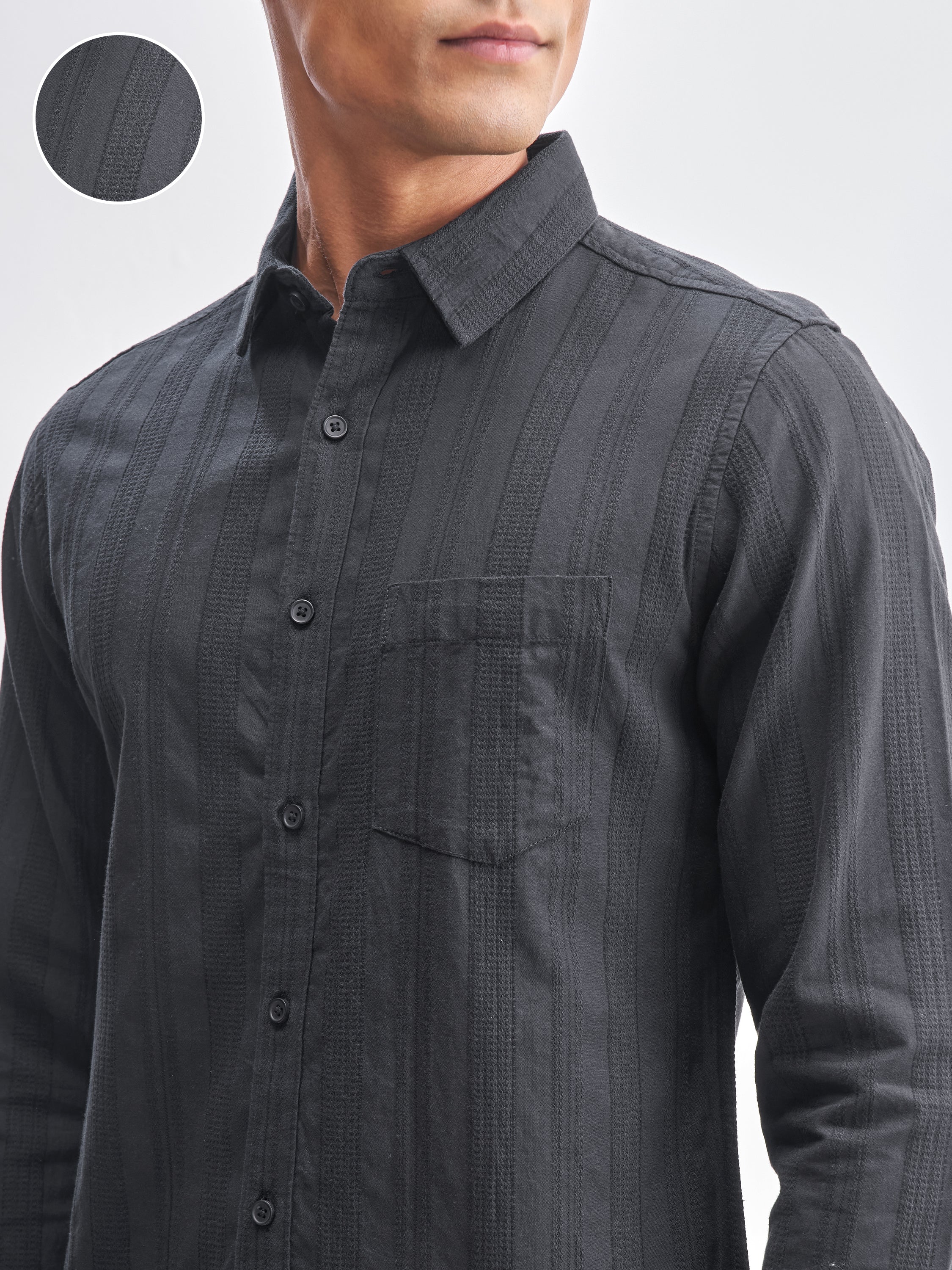 Highlander Men Black Striped Slim Fit Casual Shirt - Black - Image 5