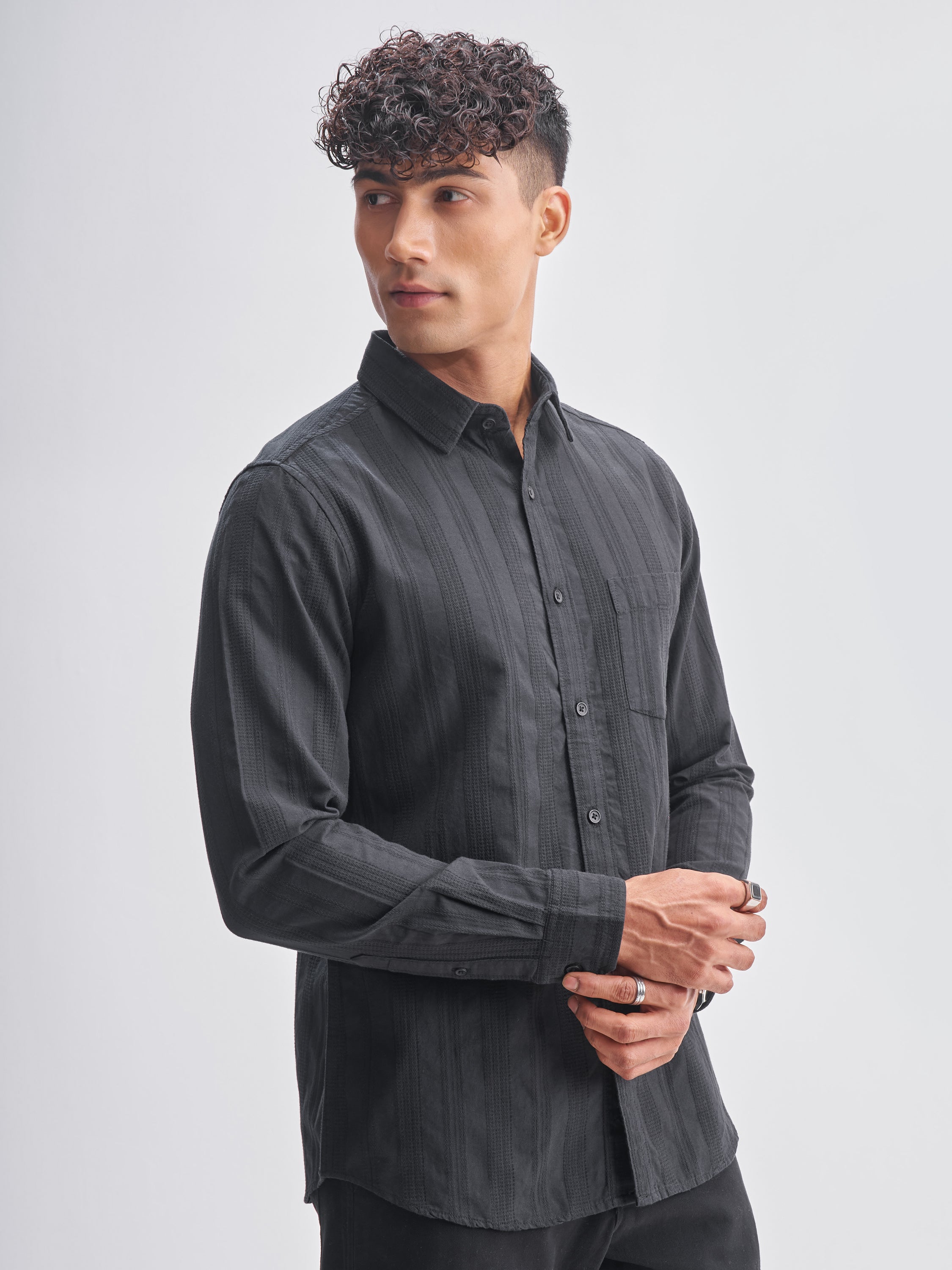 Highlander Men Black Striped Slim Fit Casual Shirt - Black - Image 6