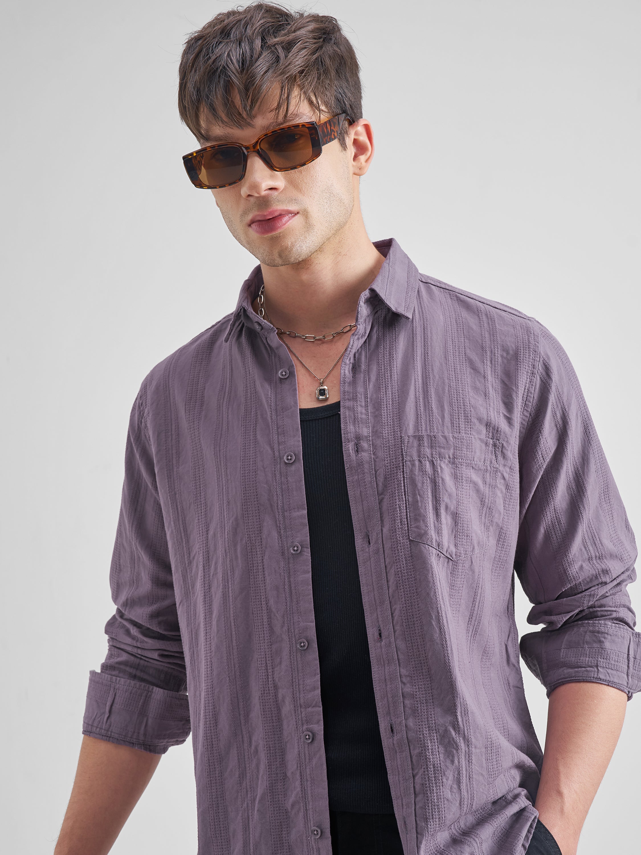 Highlander Men Purple Self Design Slim Fit Casual Shirt - Purple - Image 1