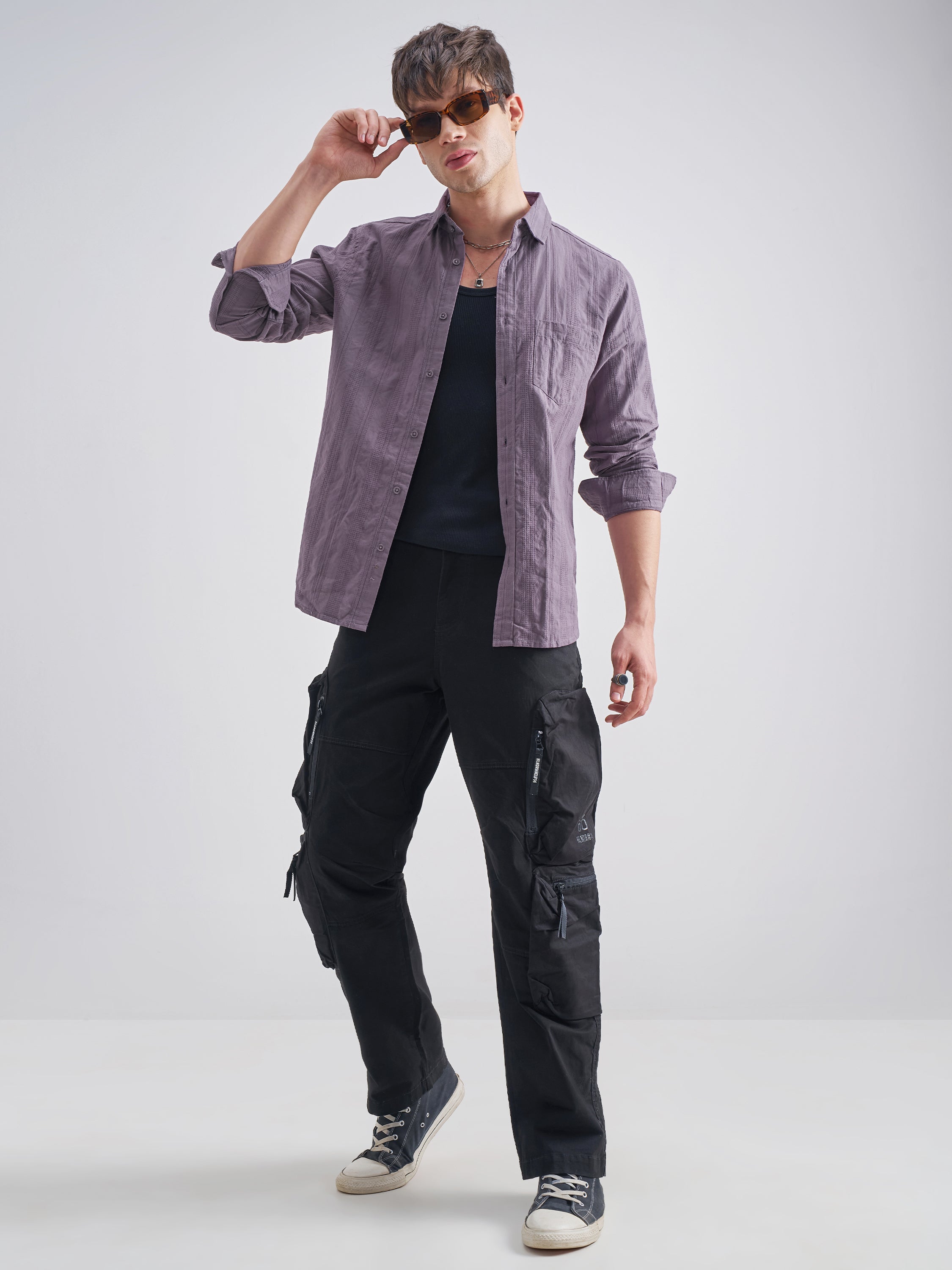 Highlander Men Purple Self Design Slim Fit Casual Shirt - Purple - Image 2