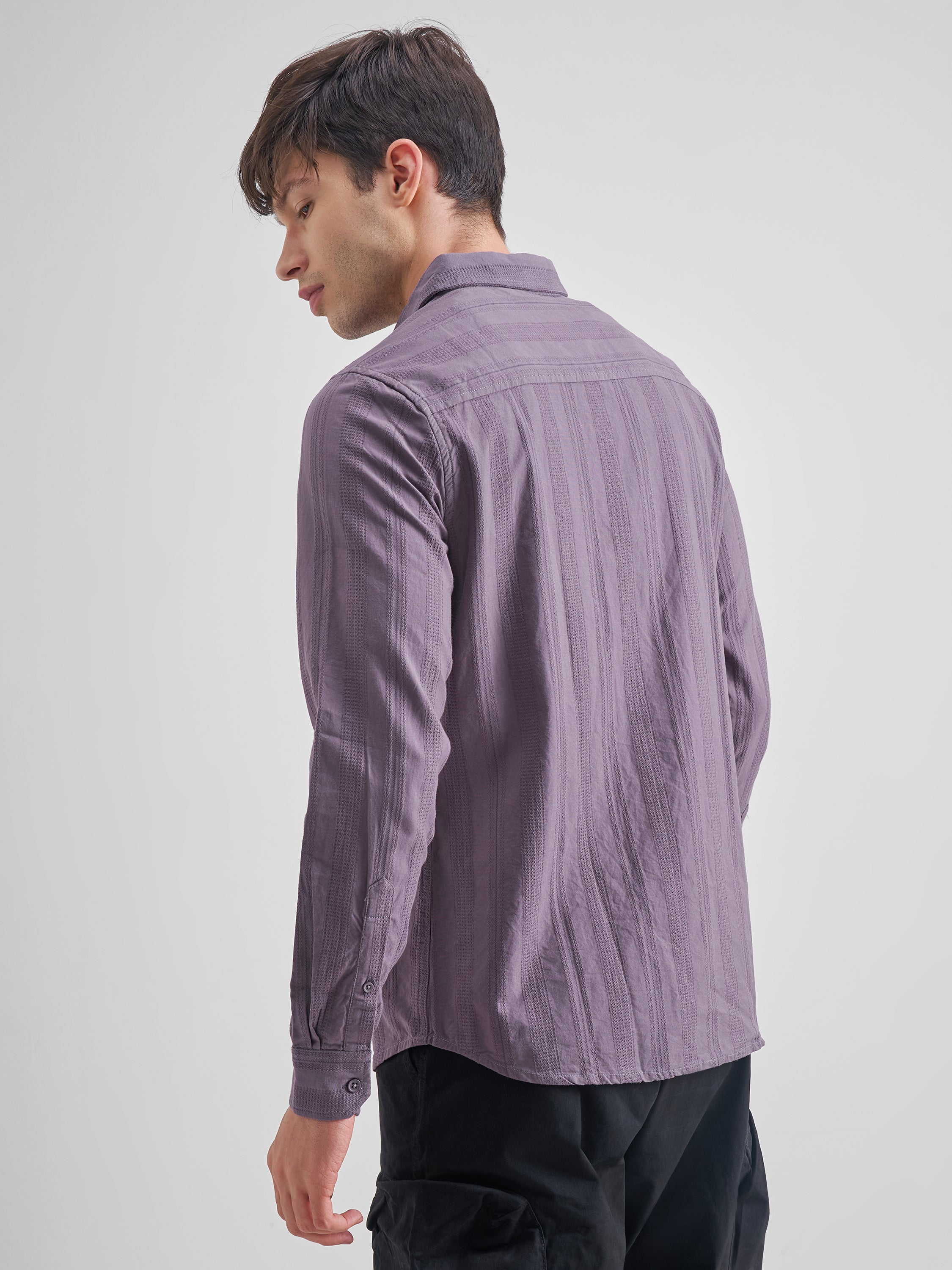 Highlander Men Purple Self Design Slim Fit Casual Shirt - Purple - Image 3