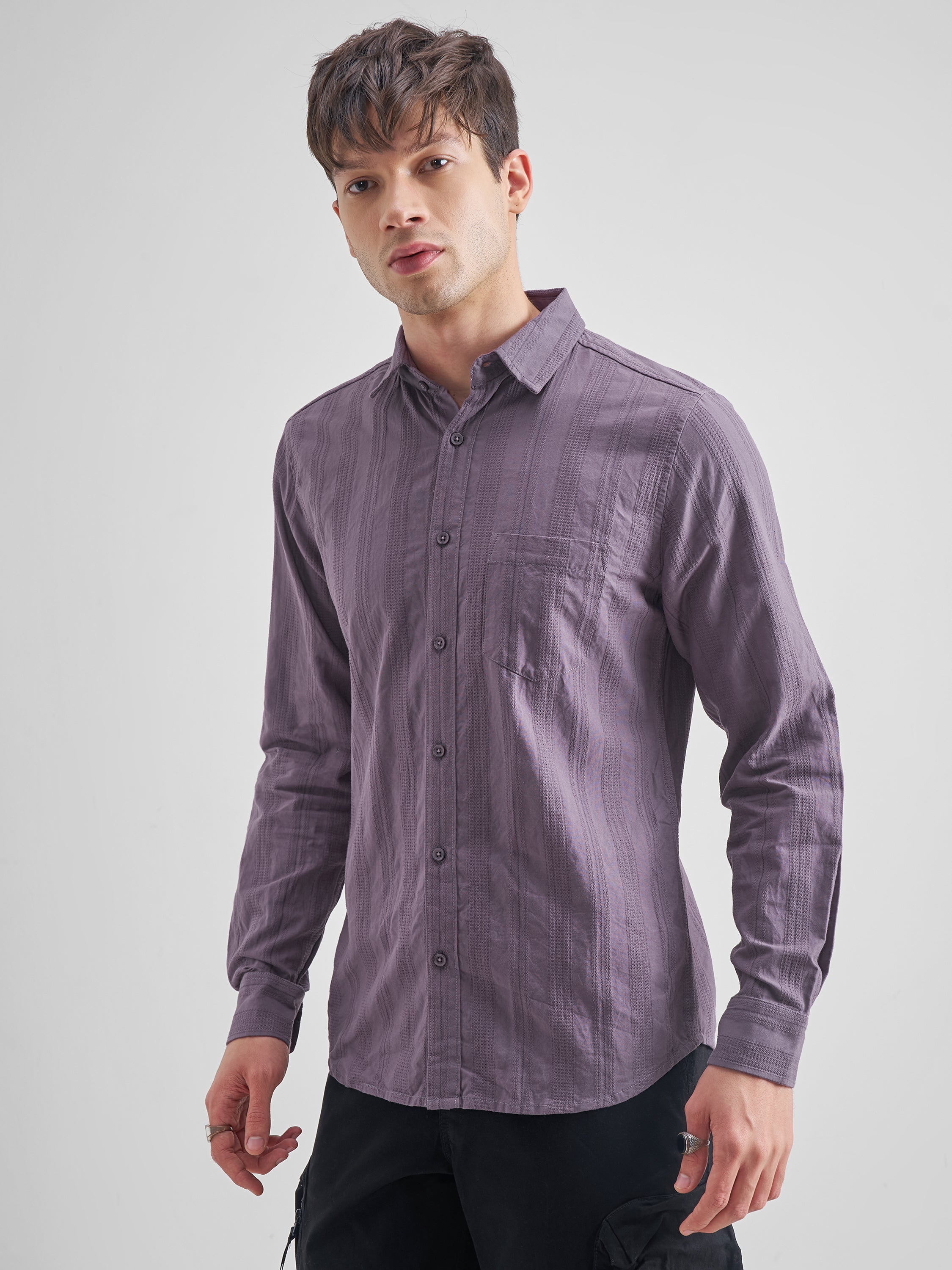 Highlander Men Purple Self Design Slim Fit Casual Shirt - Purple - Image 4