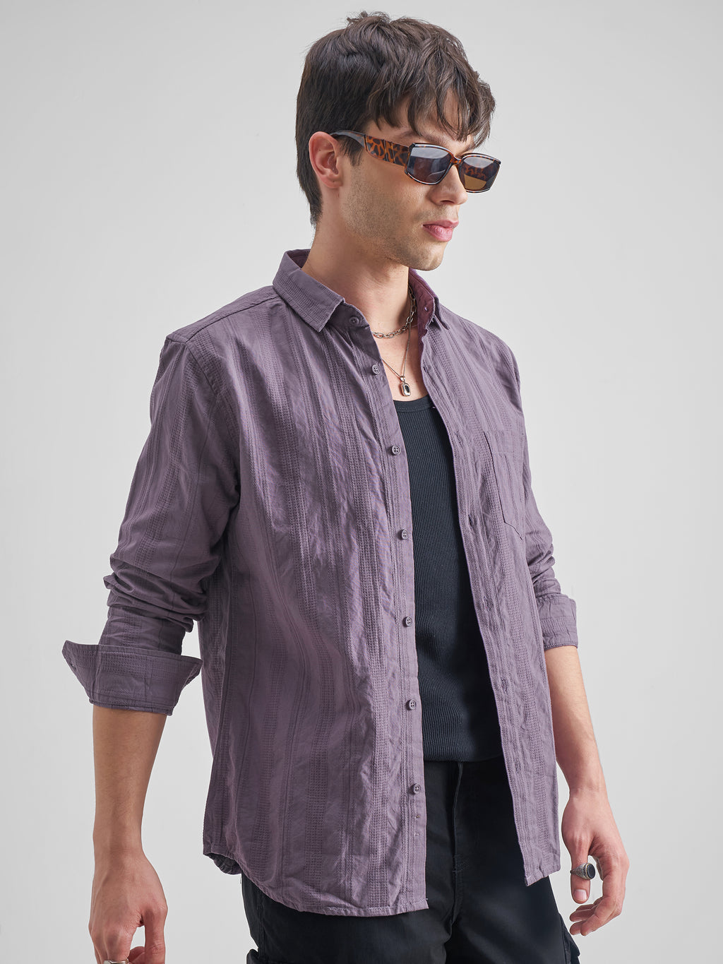 Highlander Men Purple Self Design Slim Fit Casual Shirt - Purple - Image 6