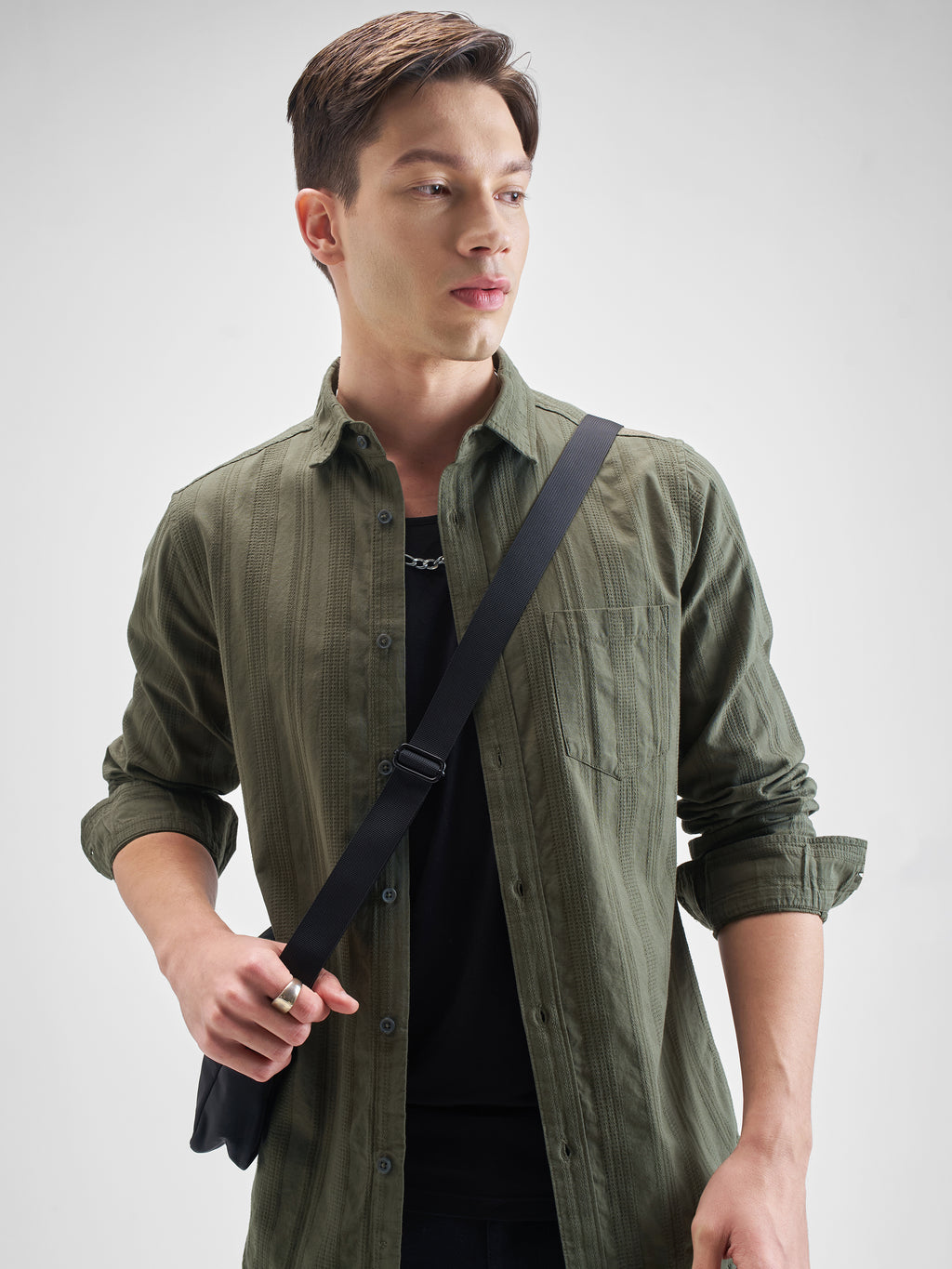 Highlander Men Olive Striped Slim Fit Casual Shirt - Olive - Image 1