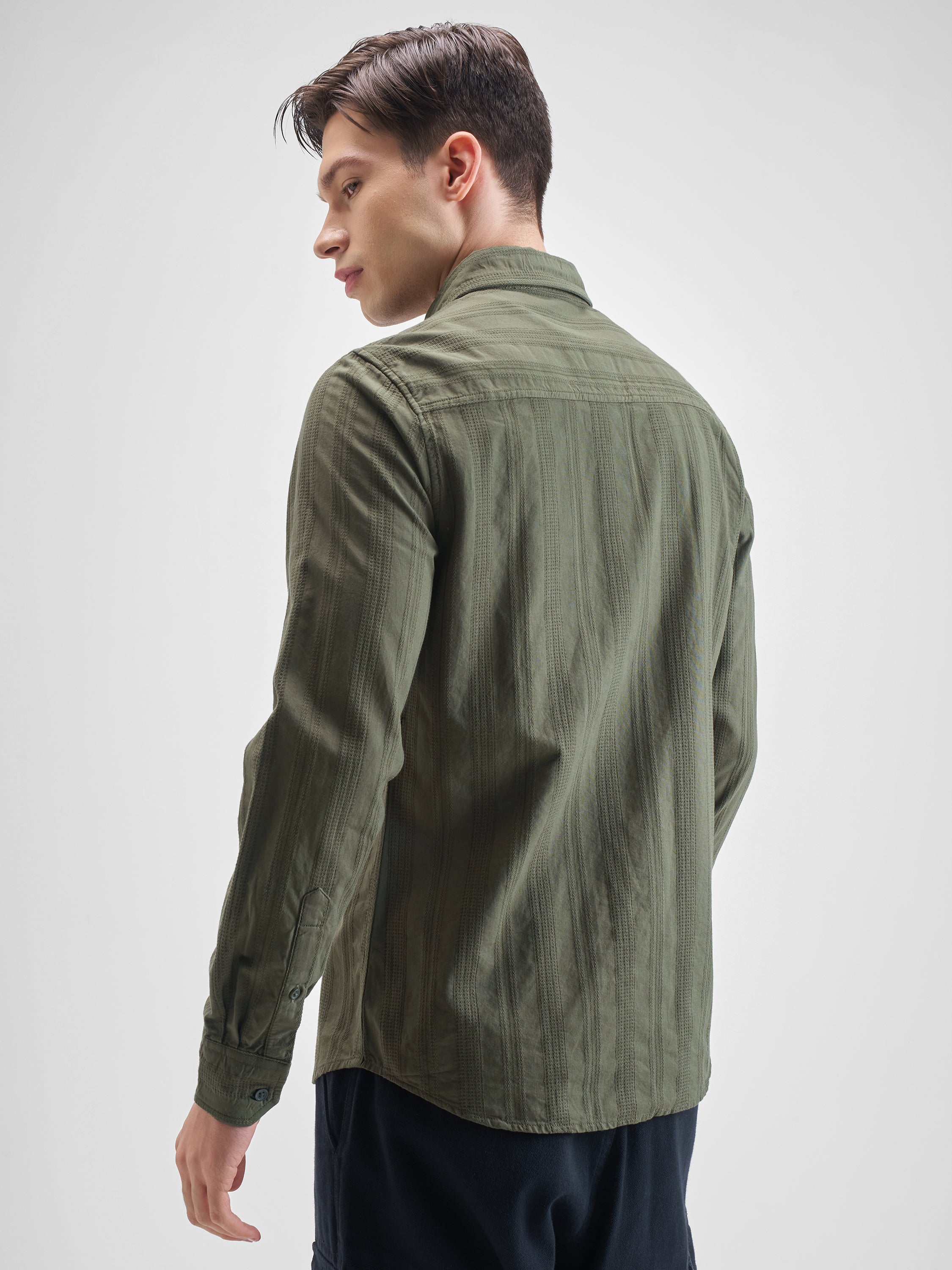 Highlander Men Olive Striped Slim Fit Casual Shirt - Olive - Image 3