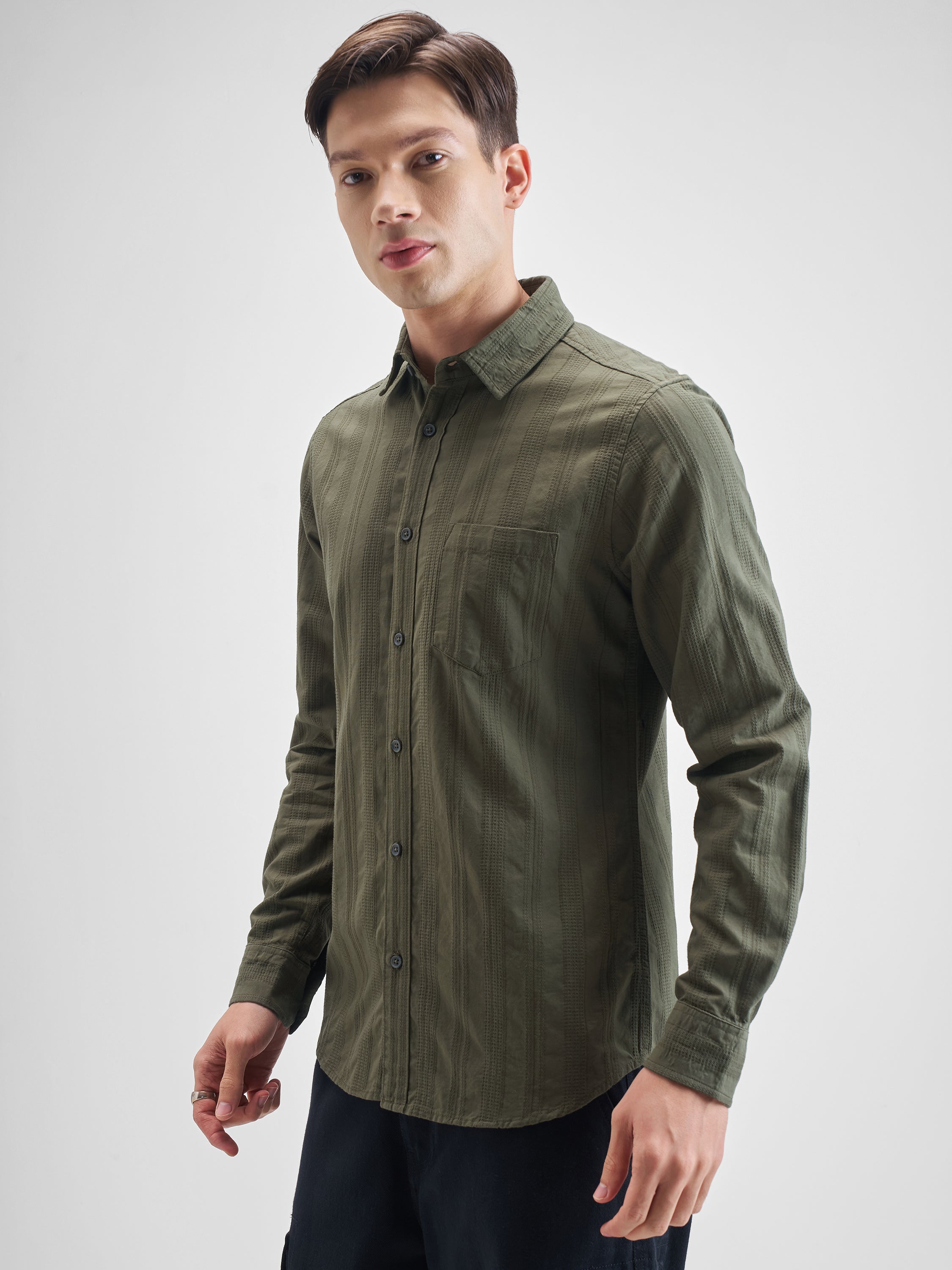 Highlander Men Olive Striped Slim Fit Casual Shirt - Olive - Image 4