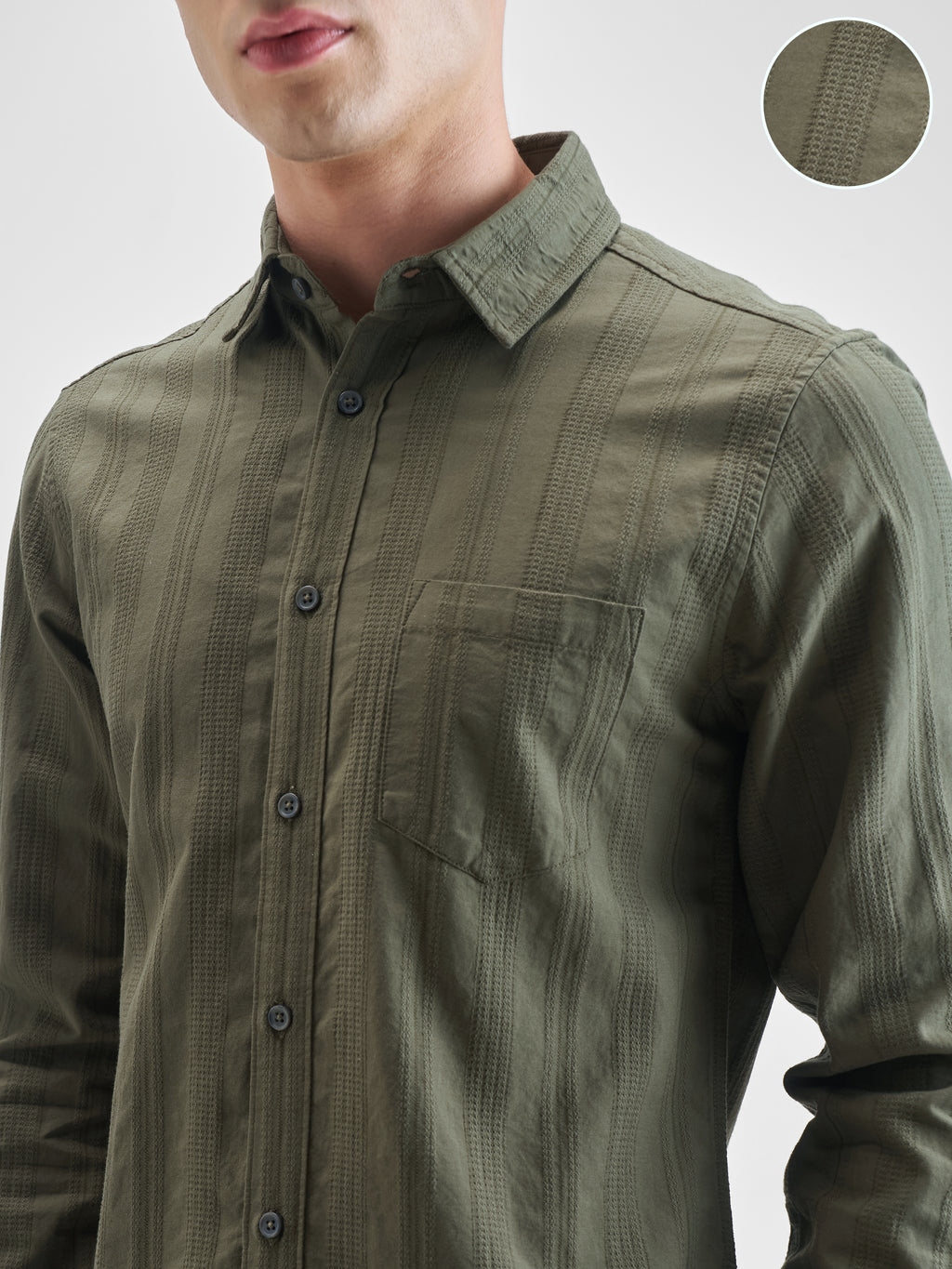 Highlander Men Olive Striped Slim Fit Casual Shirt - Olive - Image 5