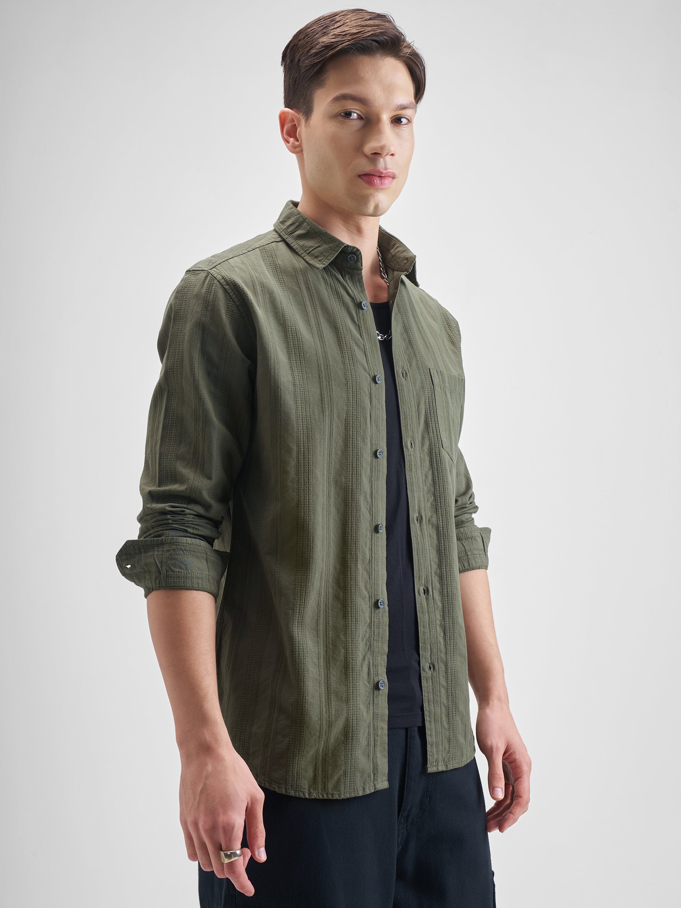 Highlander Men Olive Striped Slim Fit Casual Shirt - Olive - Image 6