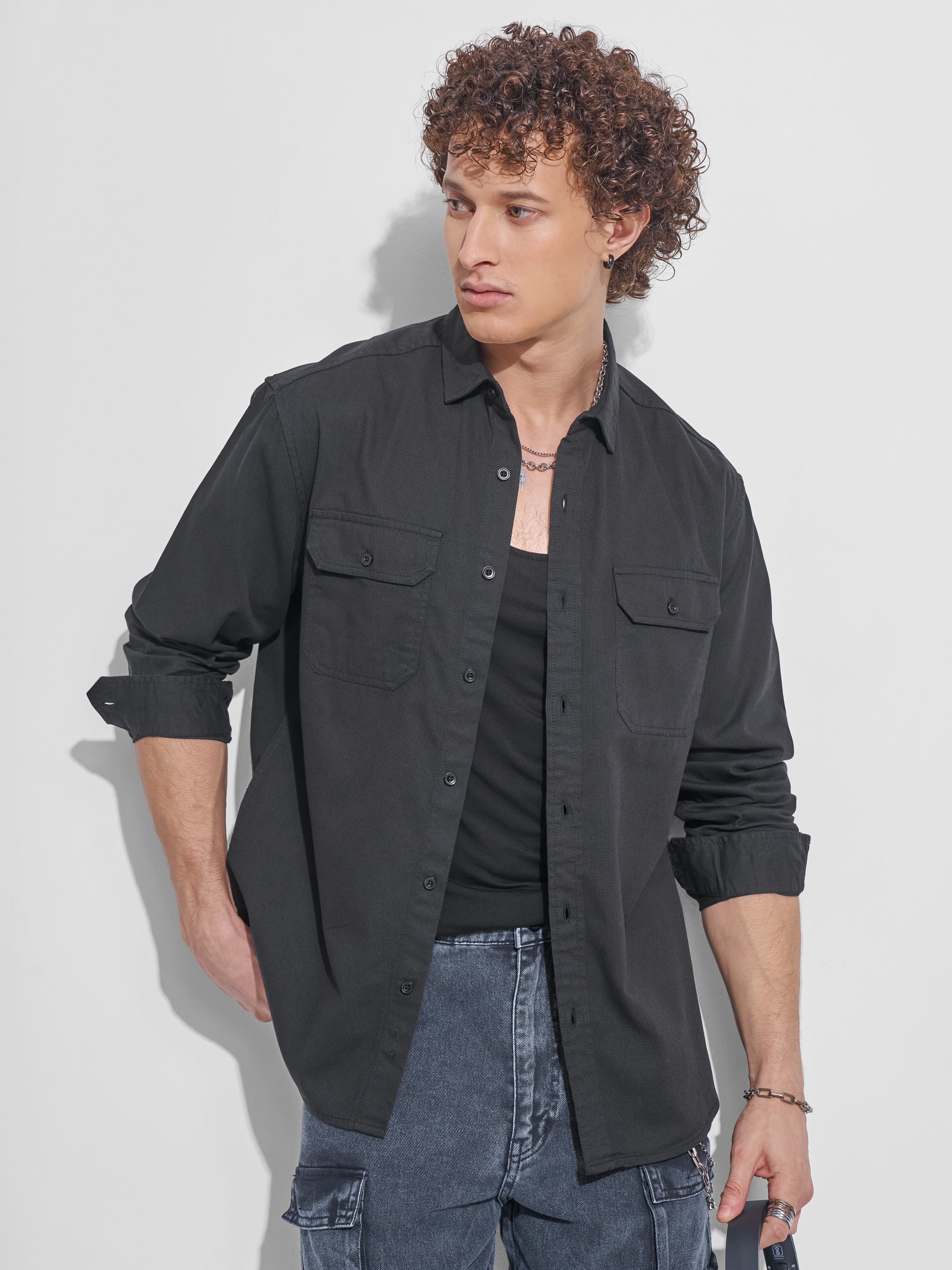 Highlander Men Black Self Design Relaxed Fit Casual Shirt - Black - Image 1