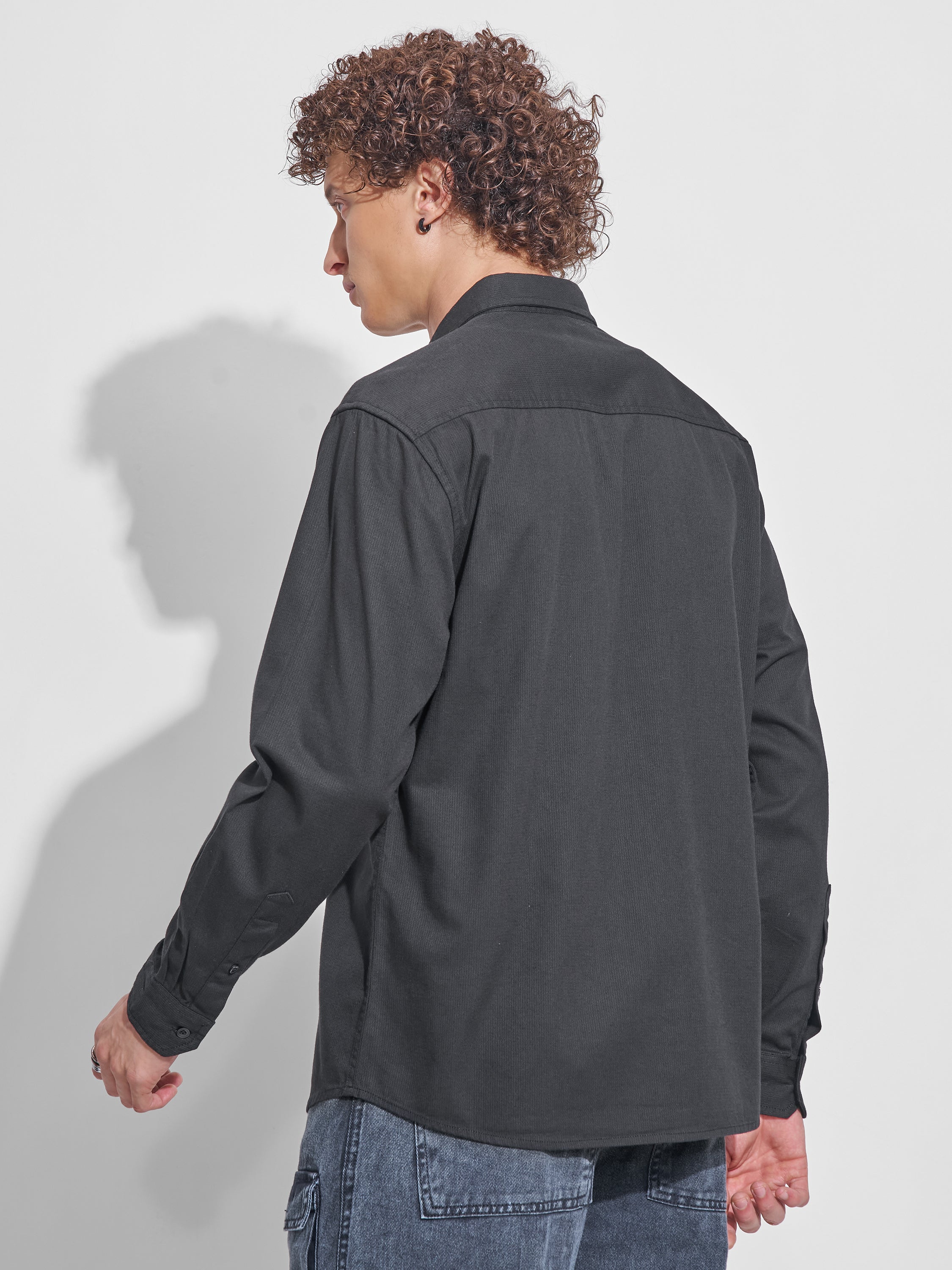 Highlander Men Black Self Design Relaxed Fit Casual Shirt - Black - Image 3