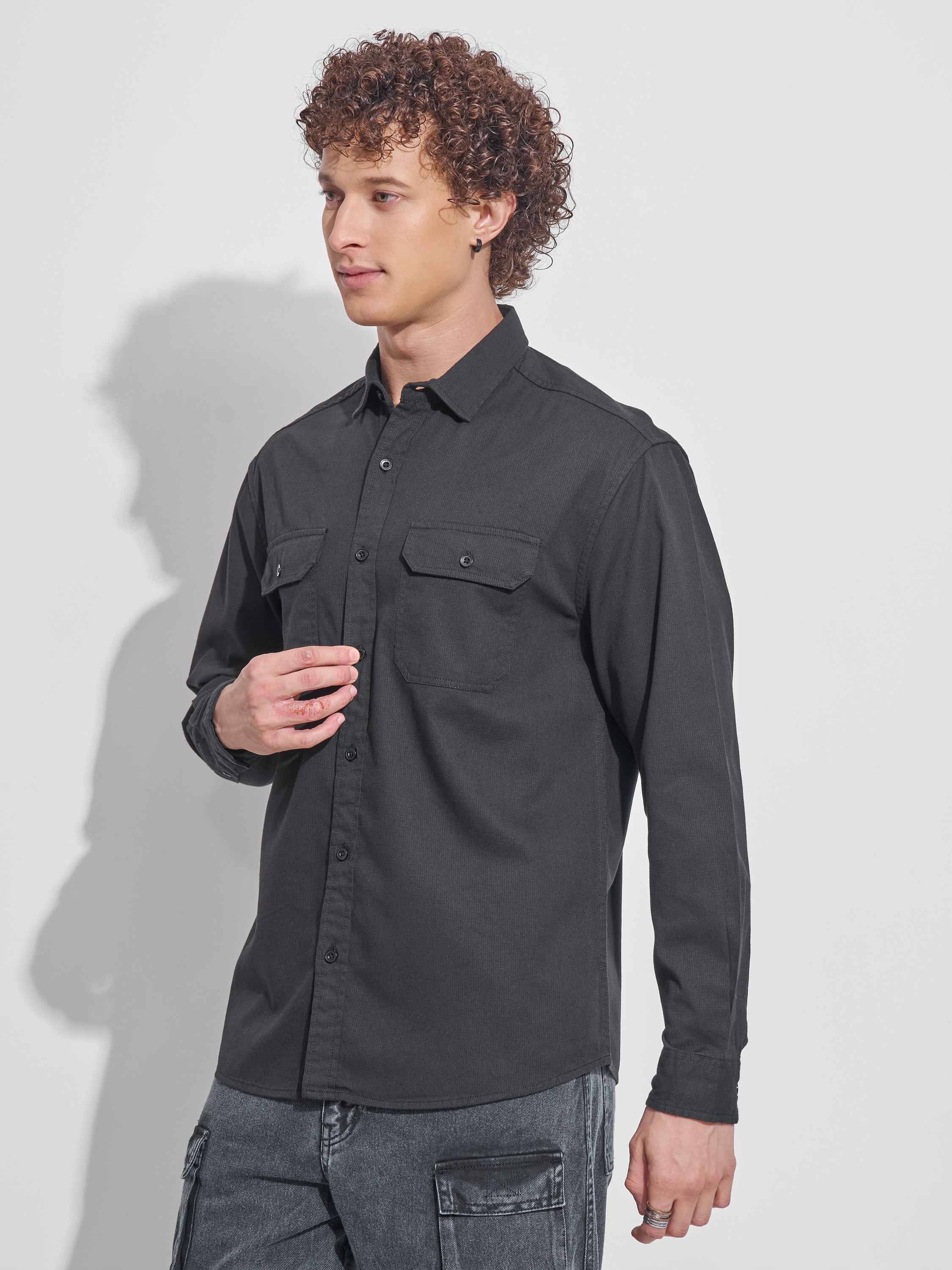 Highlander Men Black Self Design Relaxed Fit Casual Shirt - Black - Image 4