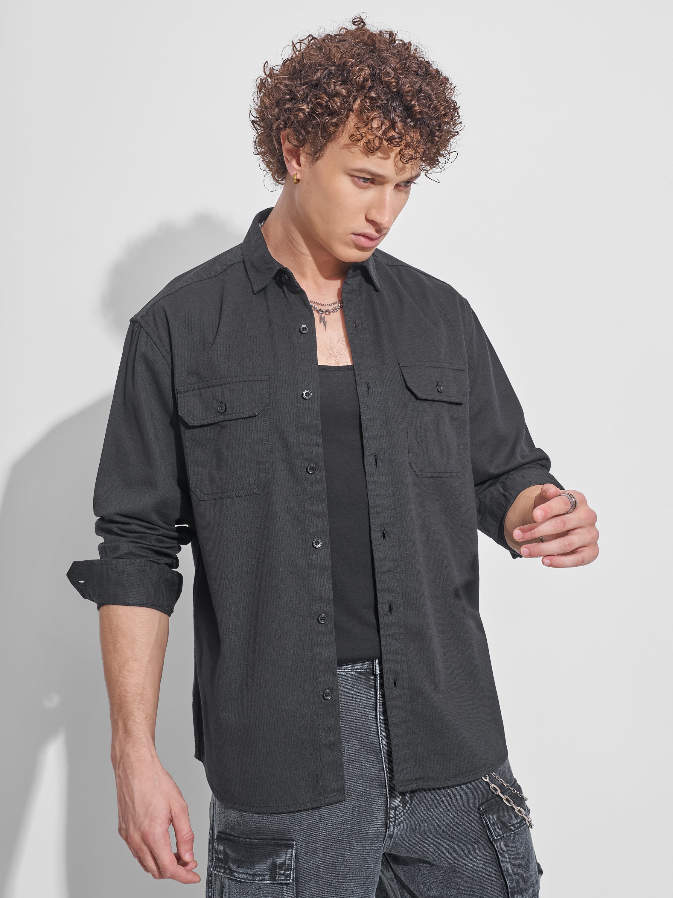 Highlander Men Black Self Design Relaxed Fit Casual Shirt - Black - Image 6