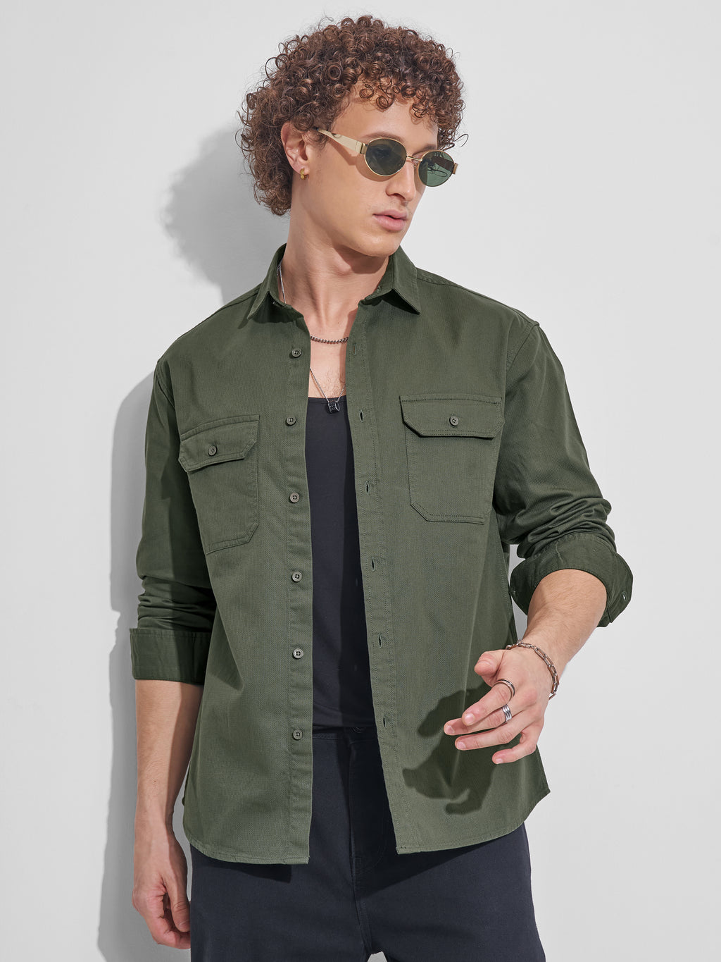 Highlander Men Green Self Design Relaxed Fit Casual Shirt - Green - Image 1