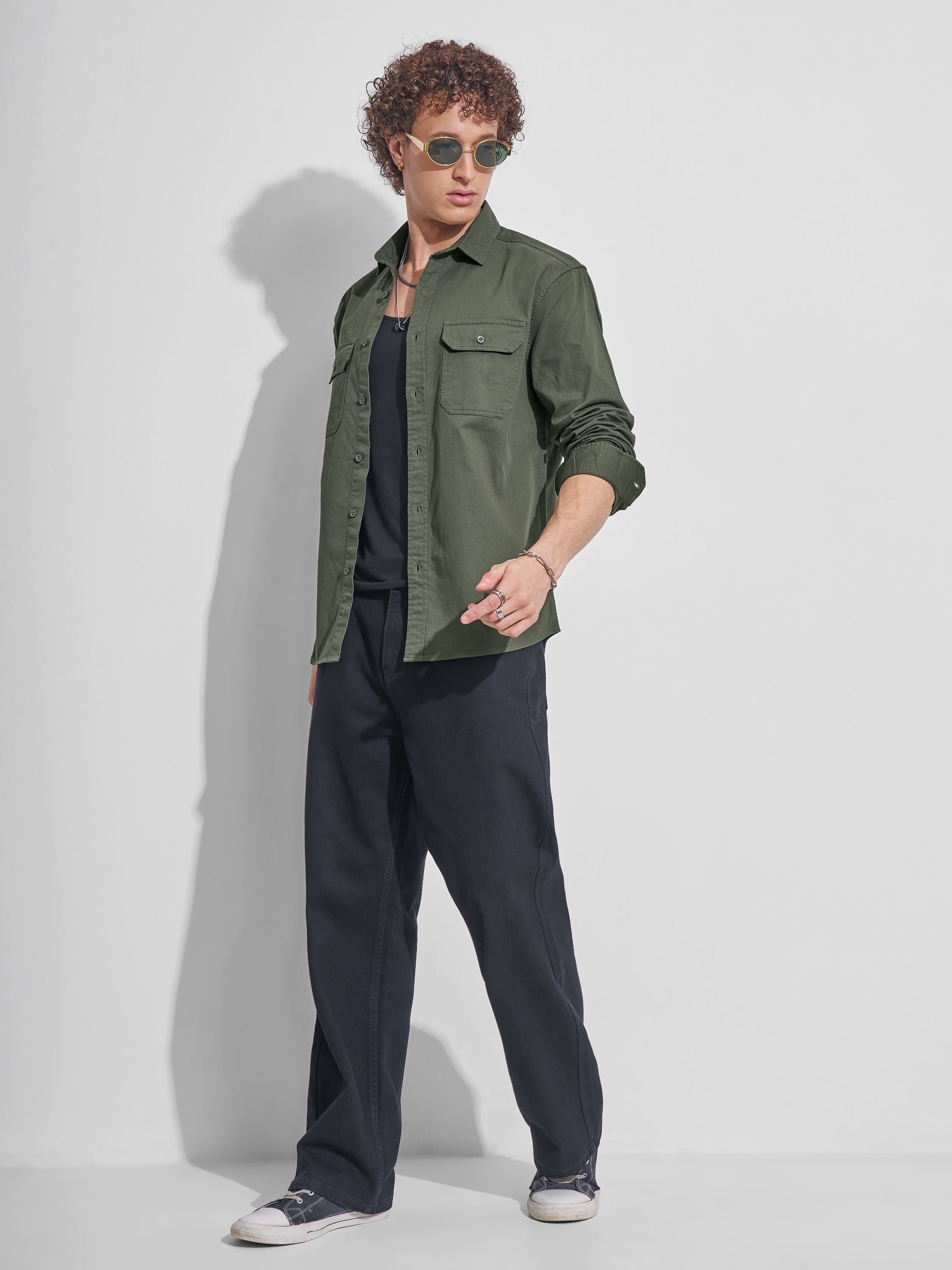 Highlander Men Green Self Design Relaxed Fit Casual Shirt - Green - Image 2