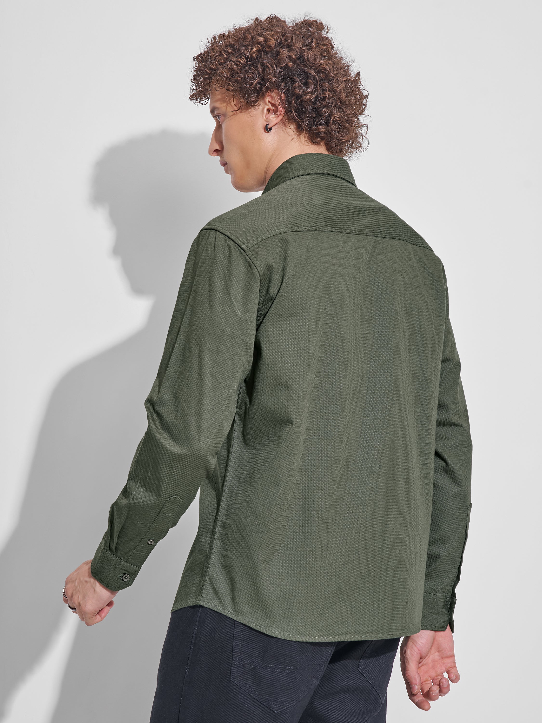 Highlander Men Green Self Design Relaxed Fit Casual Shirt - Green - Image 3