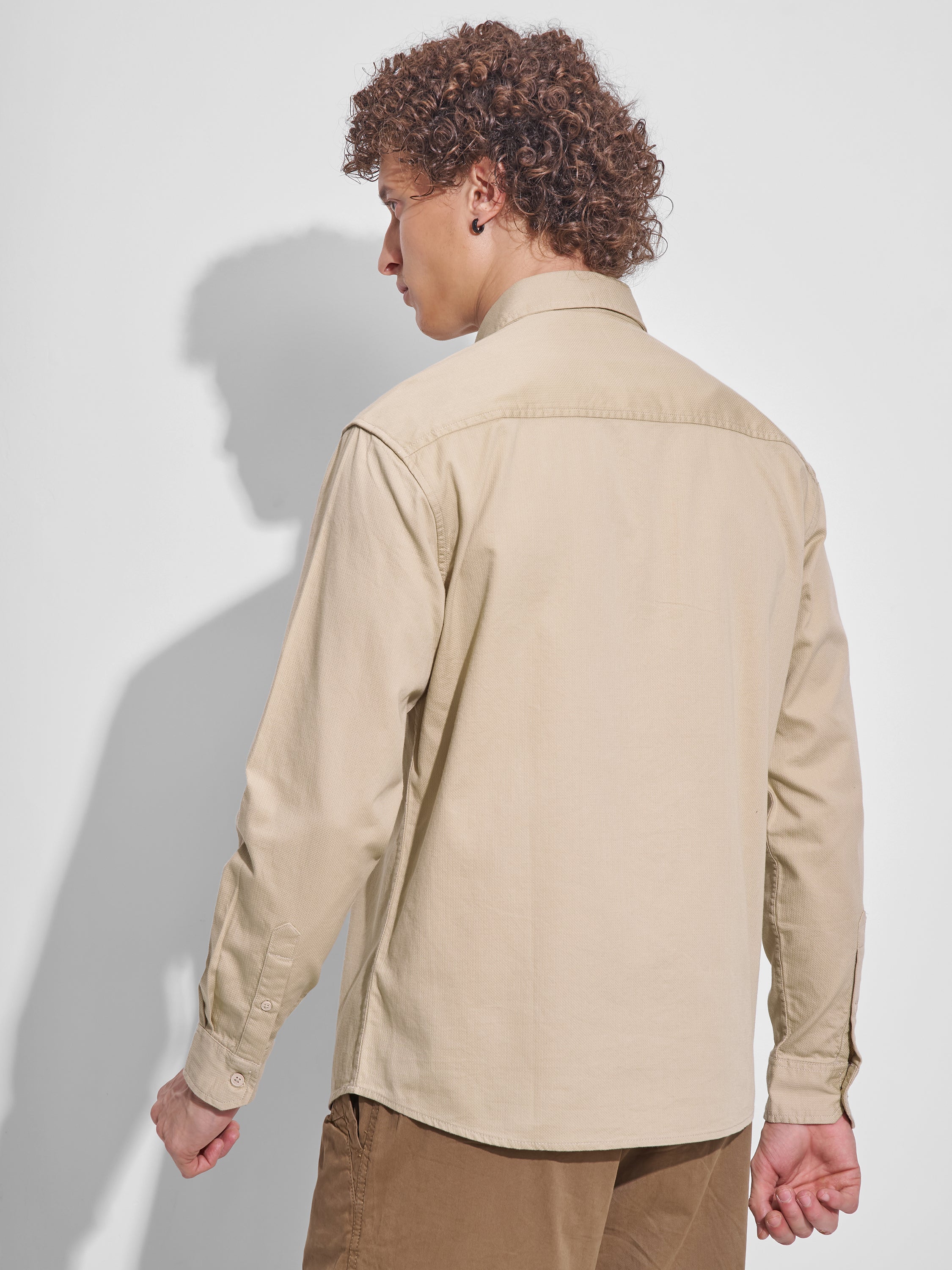 Highlander Men Beige Self Design Relaxed Fit Casual Shirt - Beige - Image 3