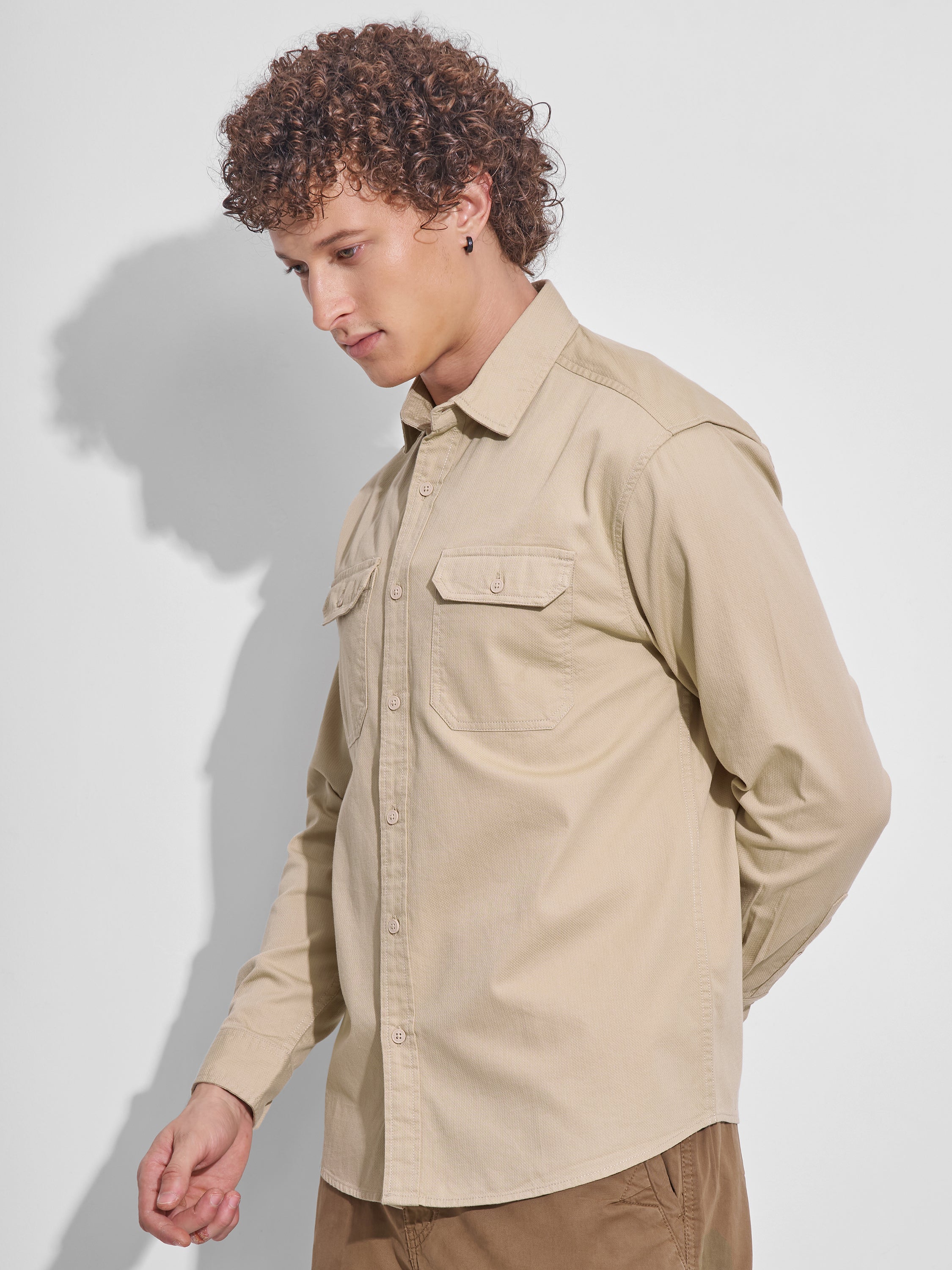 Highlander Men Beige Self Design Relaxed Fit Casual Shirt - Beige - Image 4