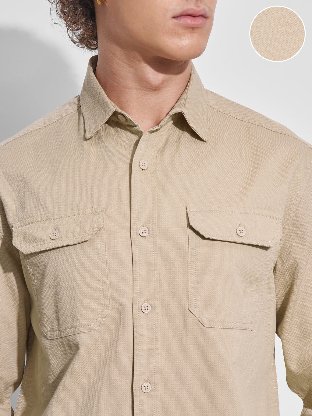 Highlander Men Beige Self Design Relaxed Fit Casual Shirt - Beige - Image 5