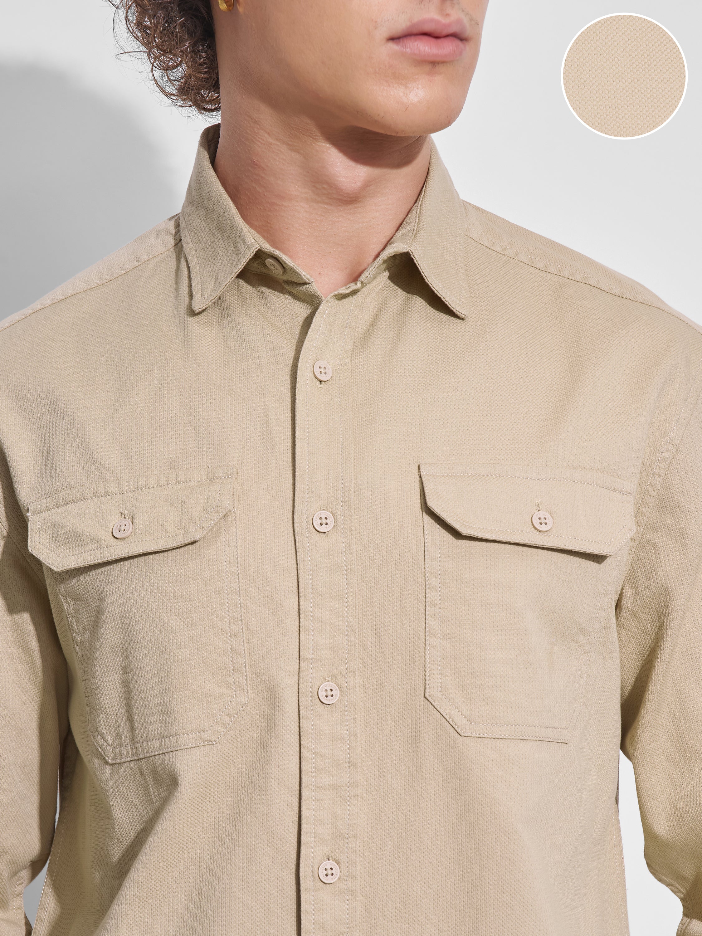Highlander Men Beige Self Design Relaxed Fit Casual Shirt - Beige - Image 5