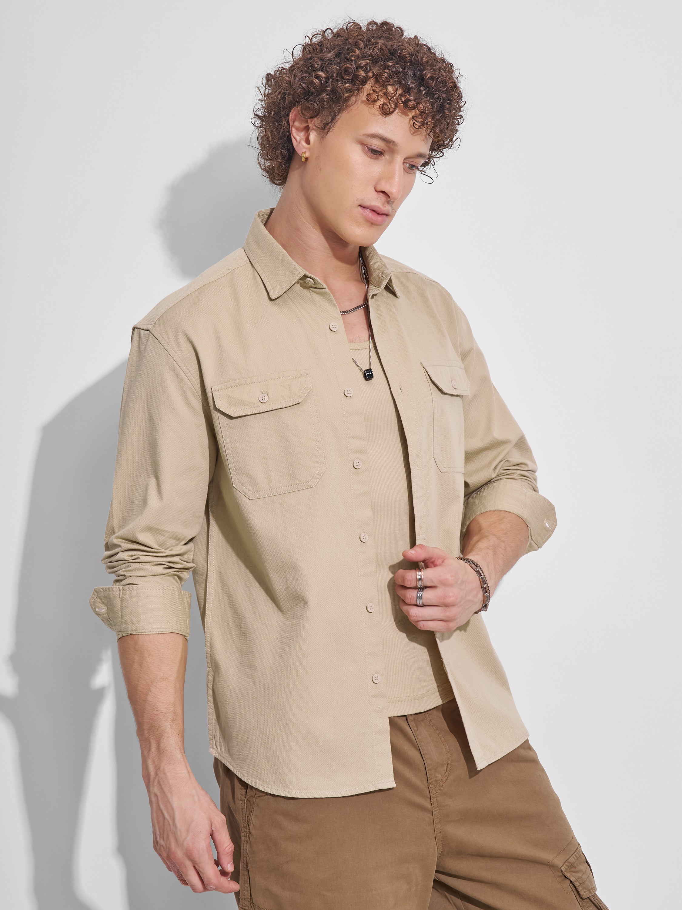 Highlander Men Beige Self Design Relaxed Fit Casual Shirt - Beige - Image 6