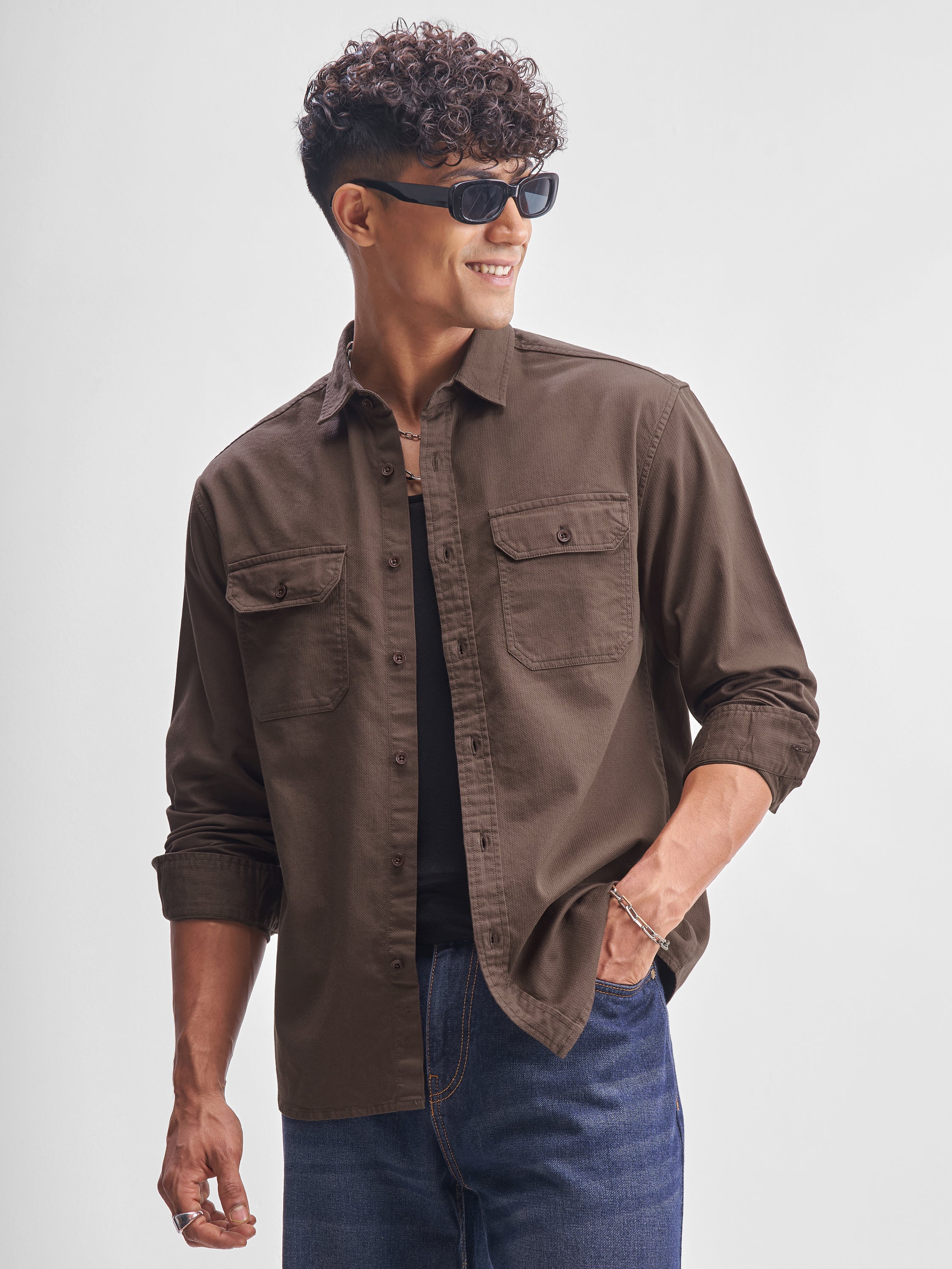 Highlander Men Brown Solid Relaxed Fit Casual Shirt - Brown - Image 1