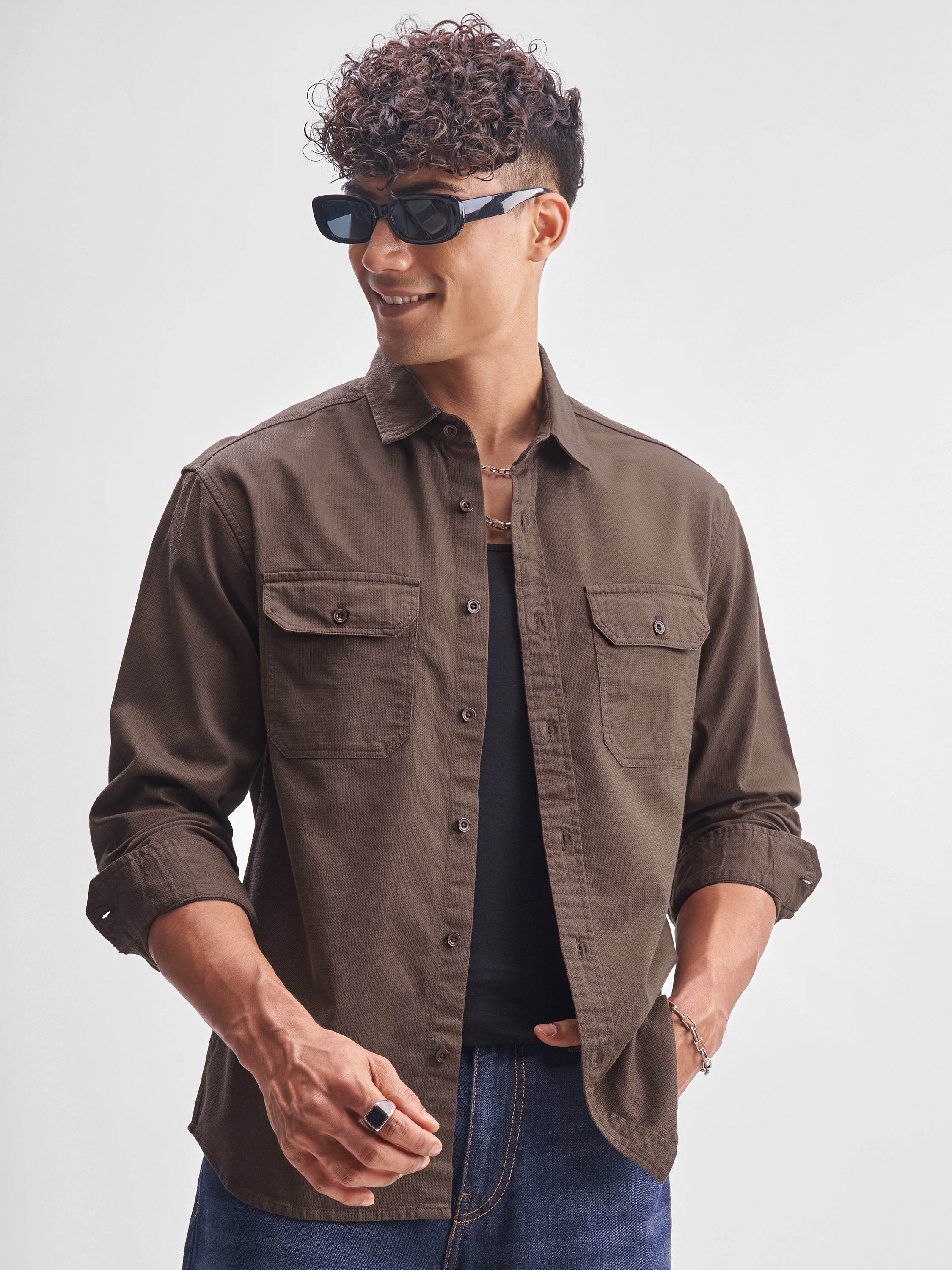 Highlander Men Brown Solid Relaxed Fit Casual Shirt - Brown - Image 4