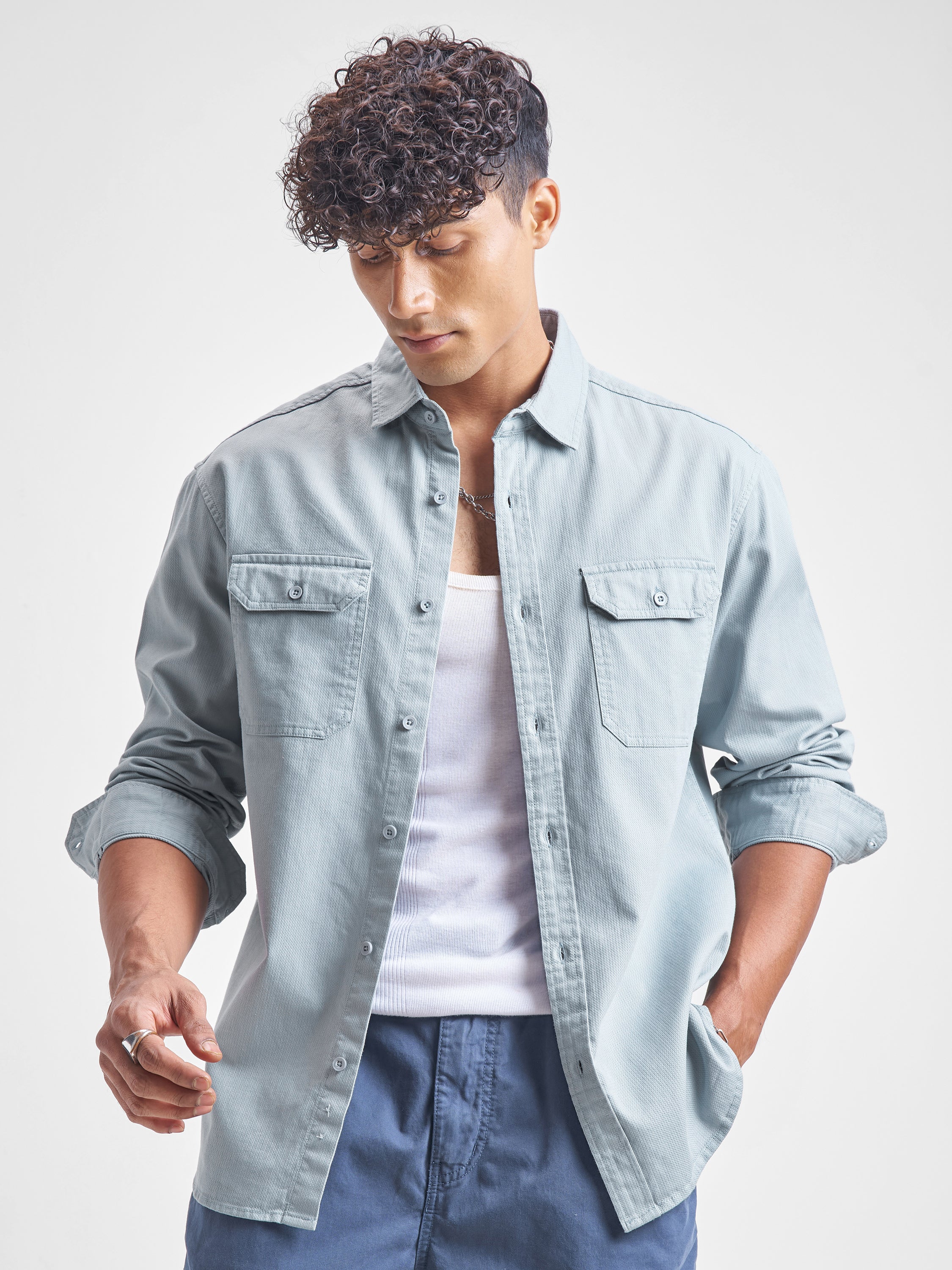 Highlander Men Blue Self Design Relaxed Fit Casual Shirt - Blue - Image 1