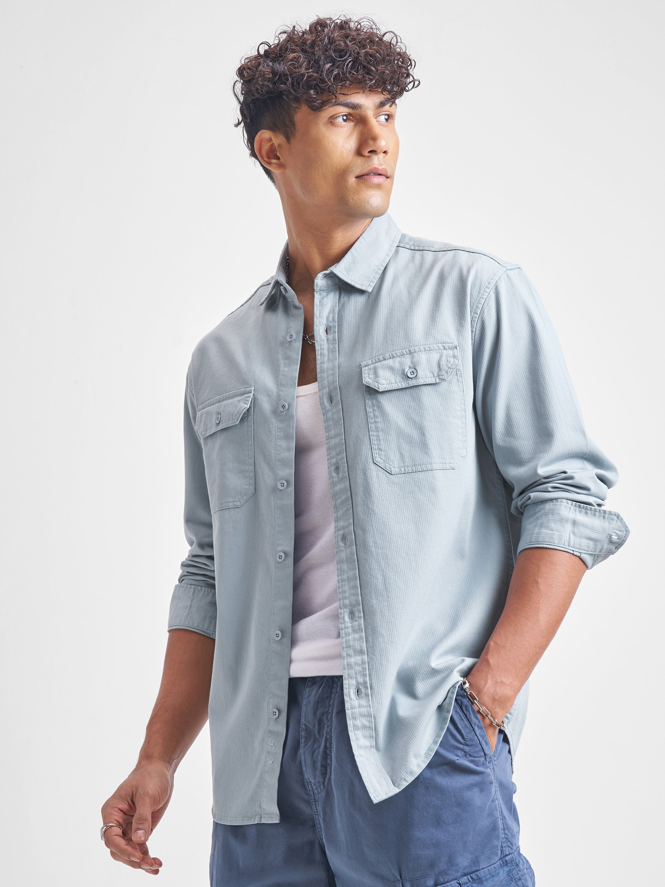 Highlander Men Blue Self Design Relaxed Fit Casual Shirt - Blue - Image 4