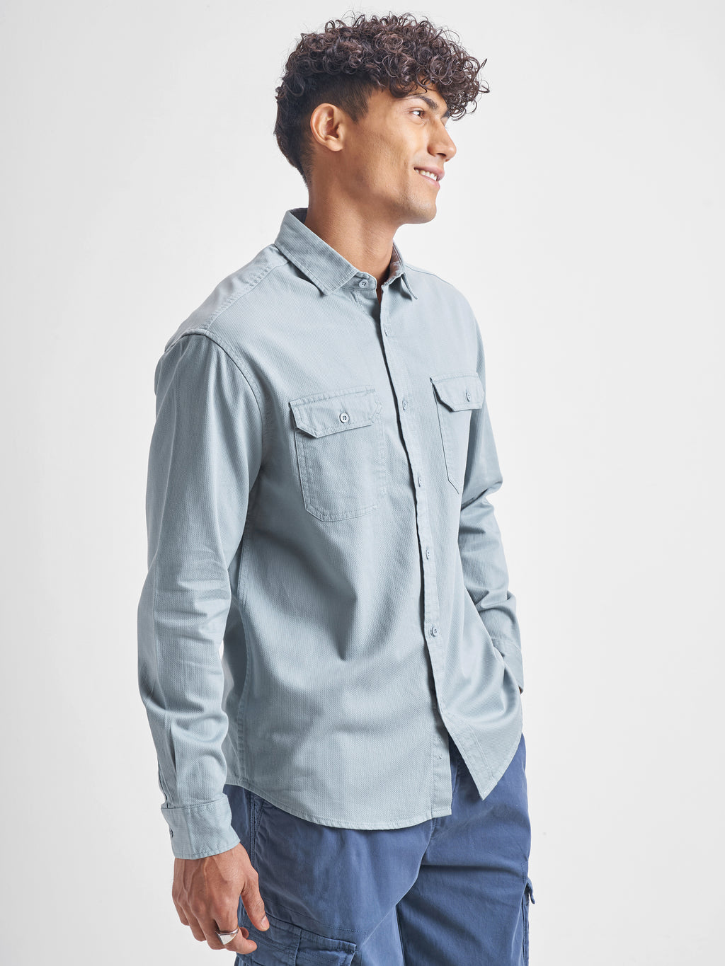 Highlander Men Blue Self Design Relaxed Fit Casual Shirt - Blue - Image 6
