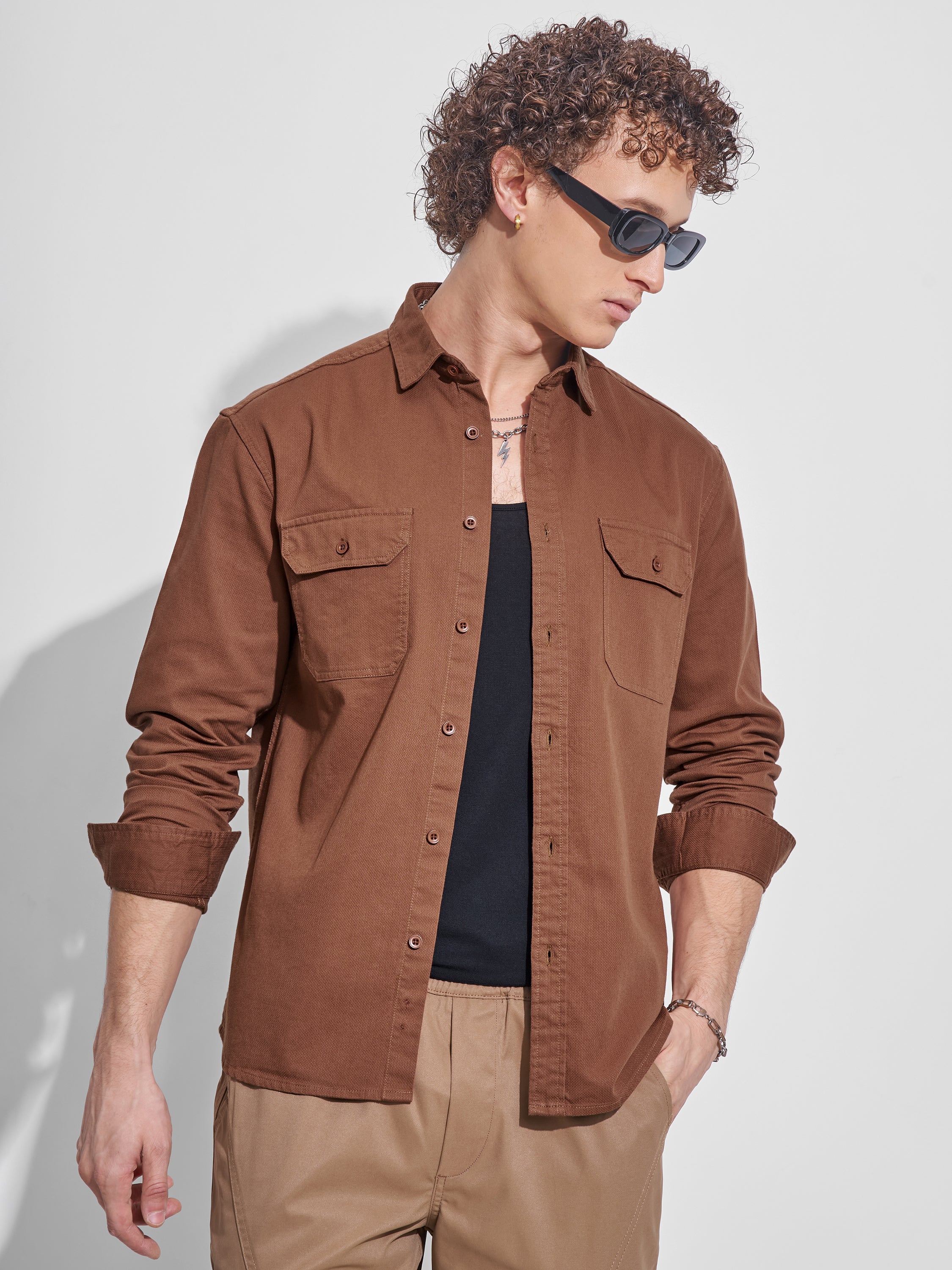 Highlander Men Rust Self Design Relaxed Fit Casual Shirt - Rust - Image 1