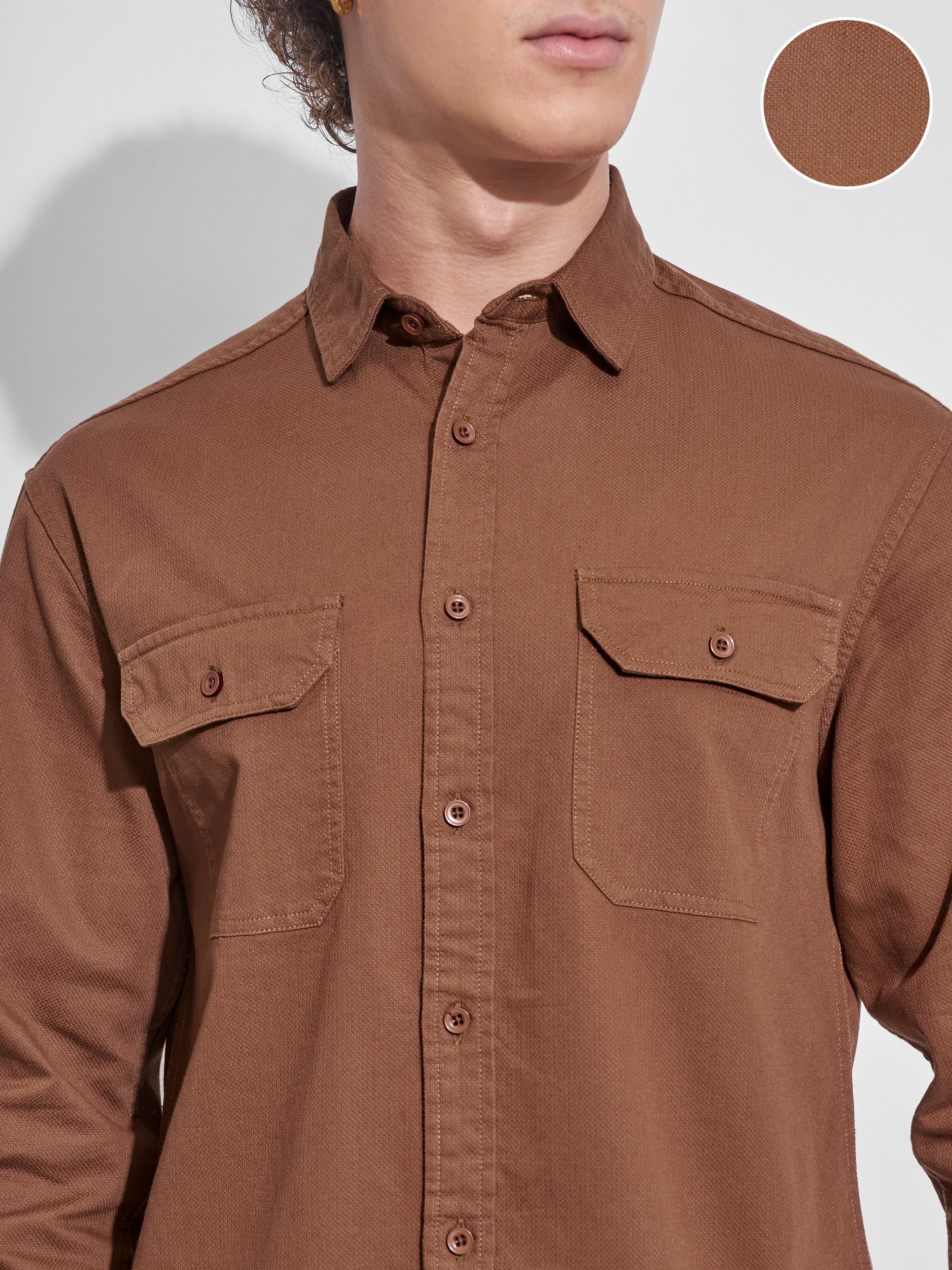 Highlander Men Rust Self Design Relaxed Fit Casual Shirt - Rust - Image 5