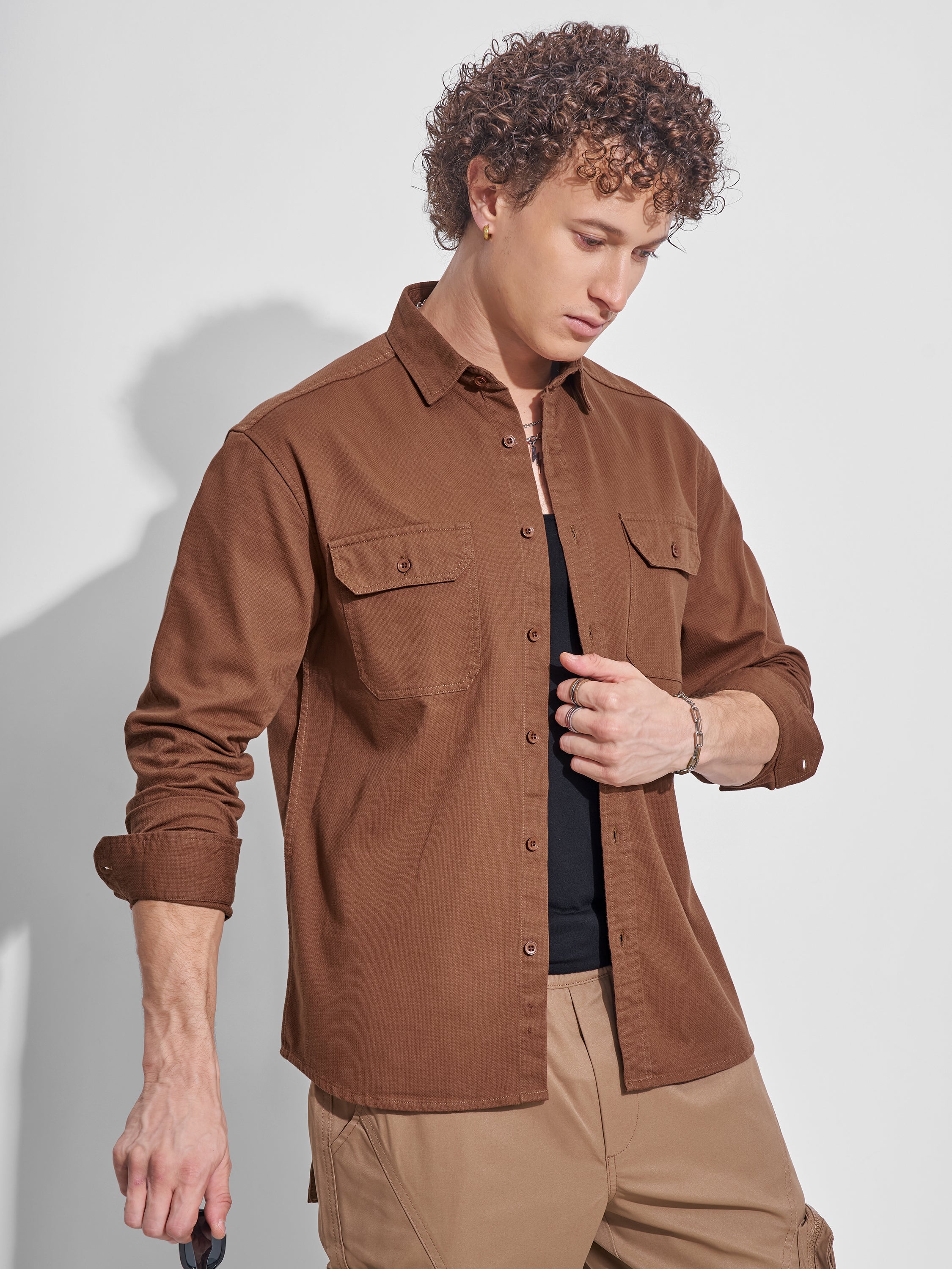 Highlander Men Rust Self Design Relaxed Fit Casual Shirt - Rust - Image 6