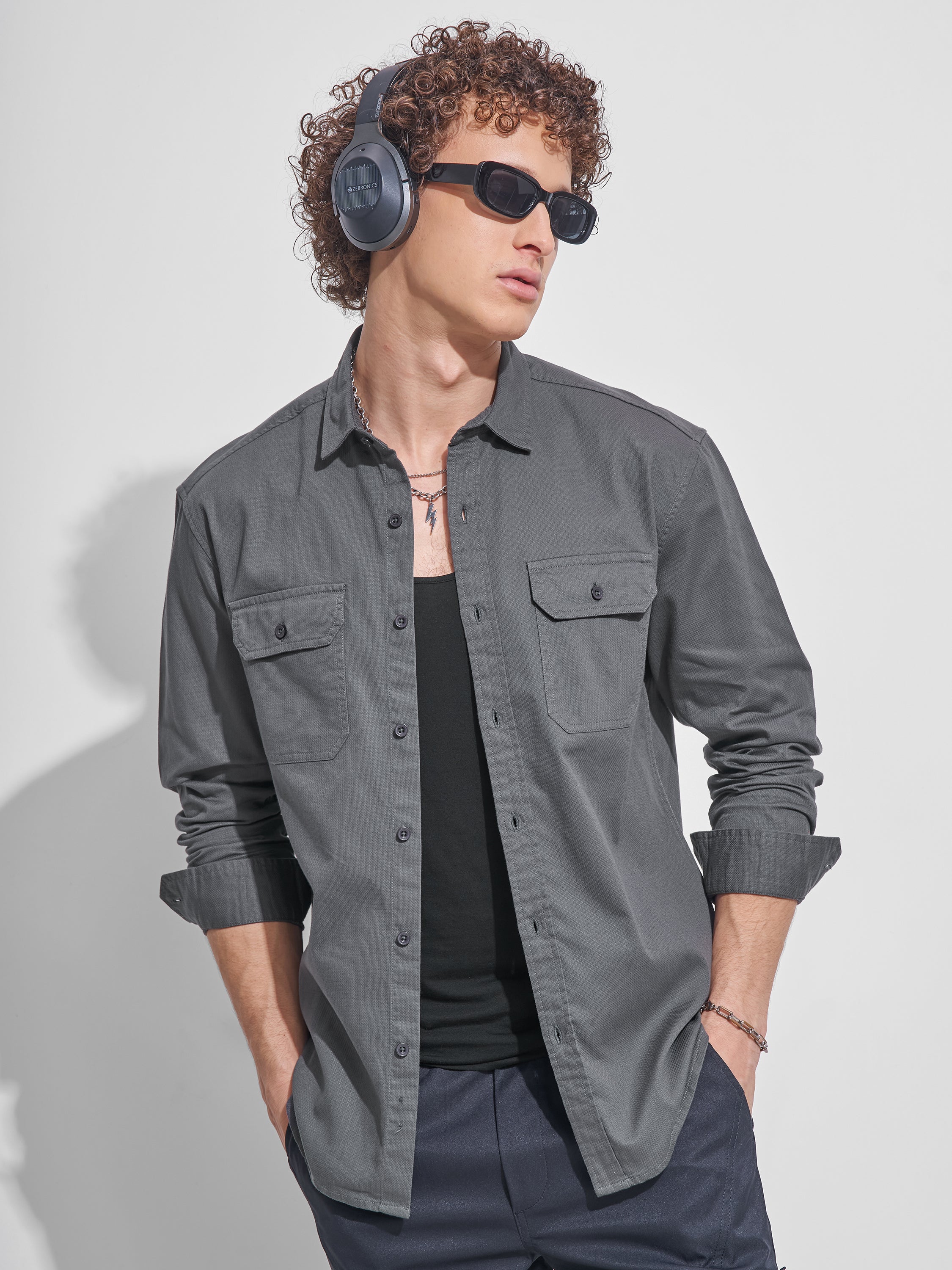 Highlander Men Charcoal Self Design Relaxed Fit Casual Shirt - Charcoal - Image 1