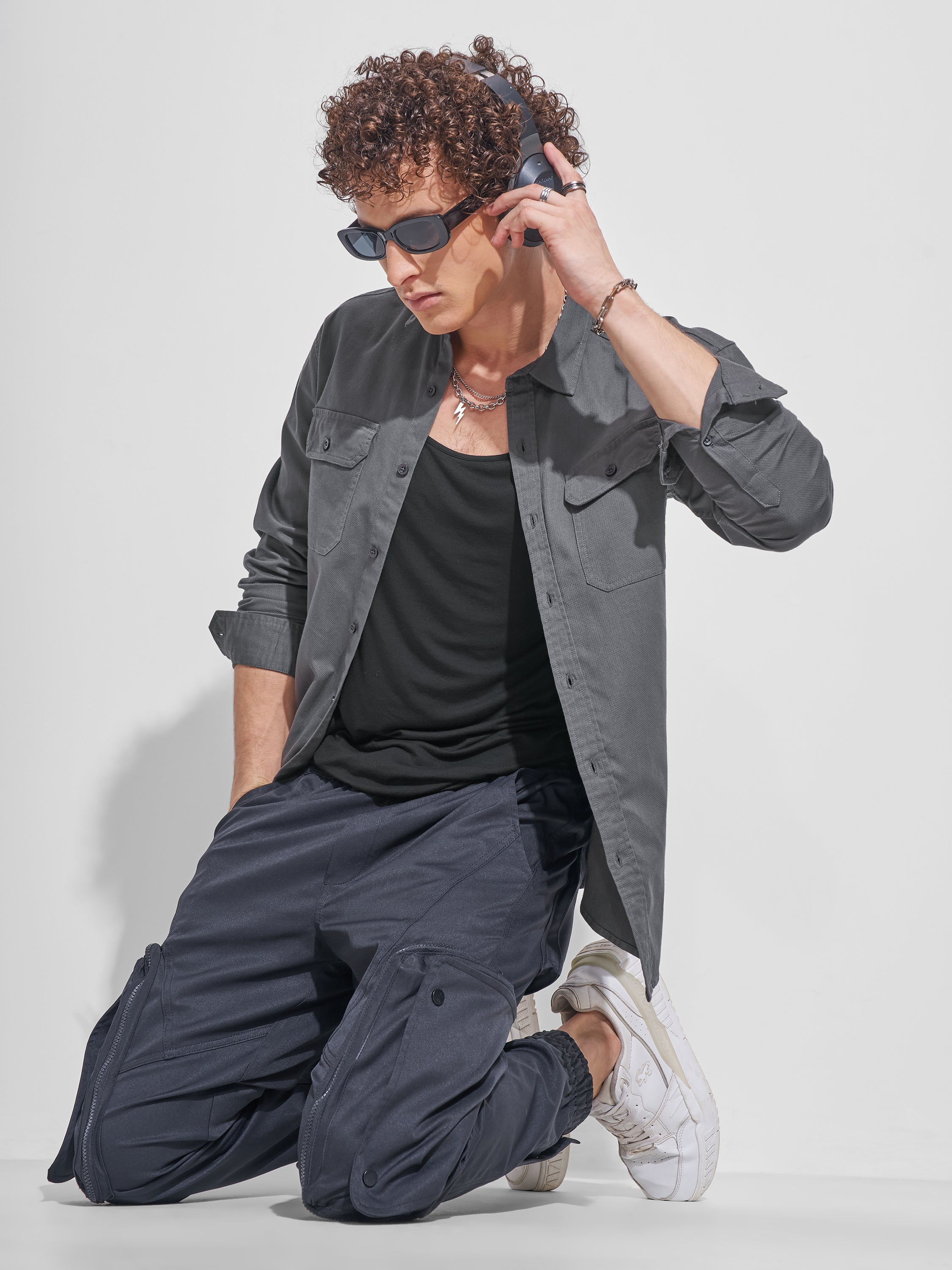 Highlander Men Charcoal Self Design Relaxed Fit Casual Shirt - Charcoal - Image 2