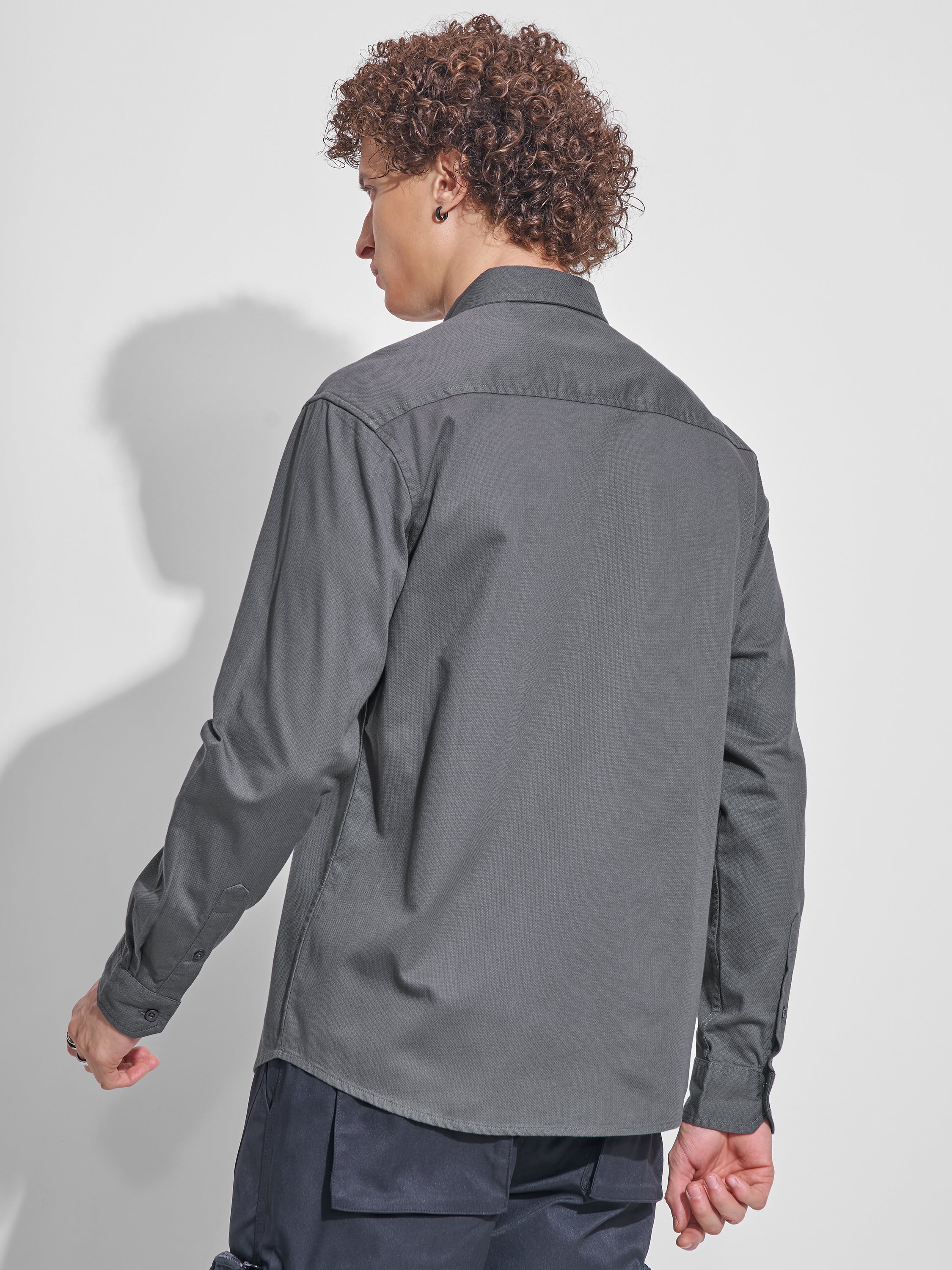 Highlander Men Charcoal Self Design Relaxed Fit Casual Shirt - Charcoal - Image 3